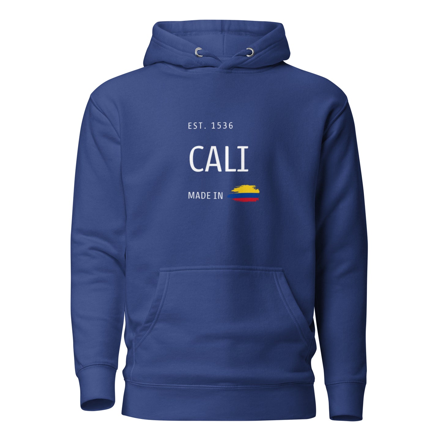 Unisex Team Royal premium hoodie featuring a minimalist design with 'EST. 1536 CALI' and 'Made in Colombia,' proudly showcasing Cali's rich history and Colombian heritage.