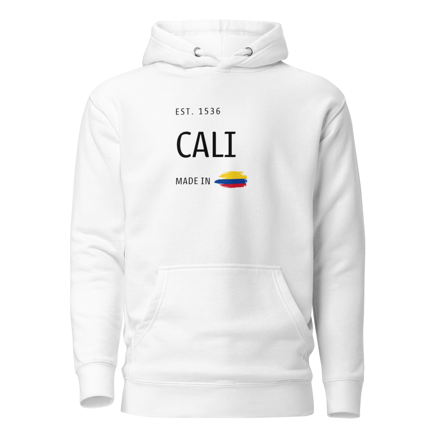Unisex white premium hoodie featuring a minimalist design with 'EST. 1536 CALI' and 'Made in Colombia,' proudly showcasing Cali's rich history and Colombian heritage.