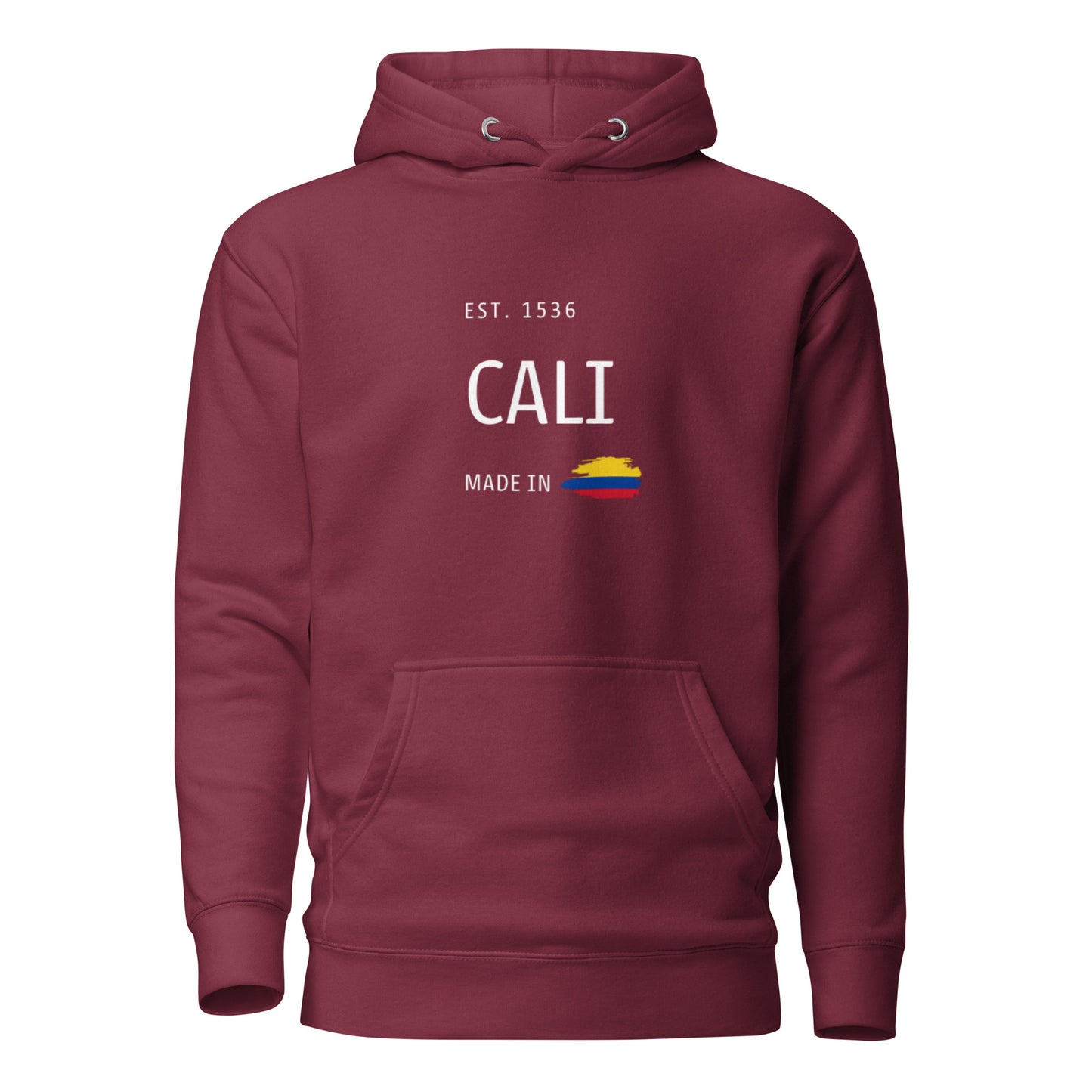 Unisex Maroon premium hoodie showcasing 'EST. 1536 CALI' with a Colombian flag detail, representing Cali's deep historical and cultural roots in Colombia.