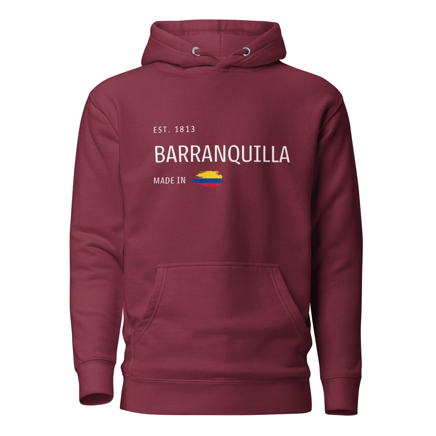 Maroon premium hoodie featuring 'Barranquilla Est. 1813' text with a Colombian flag, celebrating the vibrant coastal city's history and culture. A must-have for Barranquilla lovers and proud Colombians.