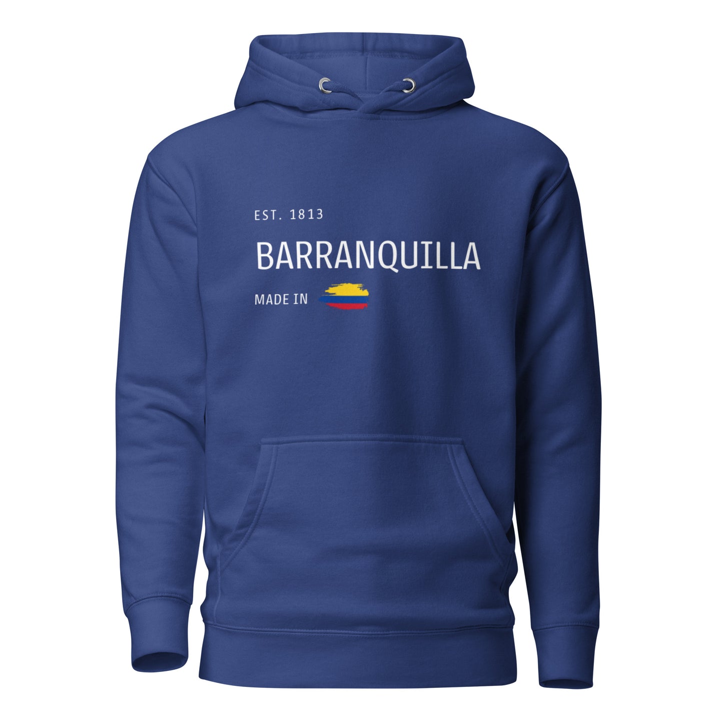 Team Royal premium hoodie featuring 'Barranquilla Est. 1813' text with a Colombian flag, celebrating the vibrant coastal city's history and culture. A must-have for Barranquilla lovers and proud Colombians.
