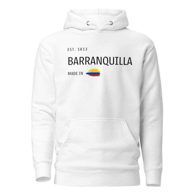 White premium hoodie featuring 'Barranquilla Est. 1813' text with a Colombian flag, celebrating the vibrant coastal city's history and culture. A must-have for Barranquilla lovers and proud Colombians.