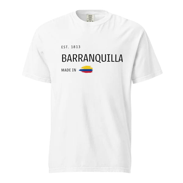 White t-shirt featuring 'Barranquilla - Made in Colombia' design with a small Colombian flag. A clean and stylish tribute to the vibrant city of Barranquilla, Colombia.