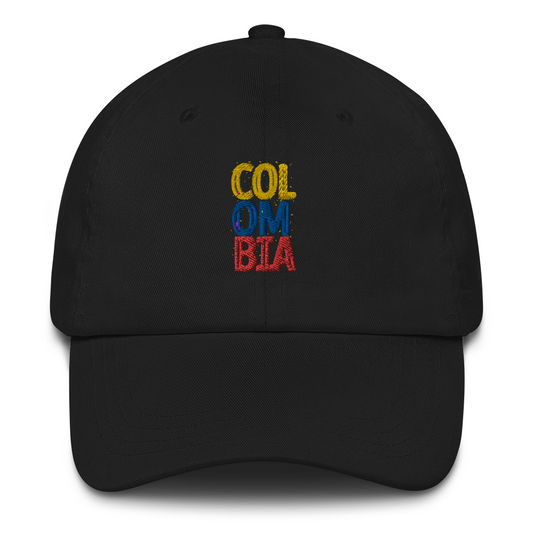 Unisex black dad hat featuring a bold 'COLOMBIA' text design in yellow, blue, and red, inspired by the Colombian flag.