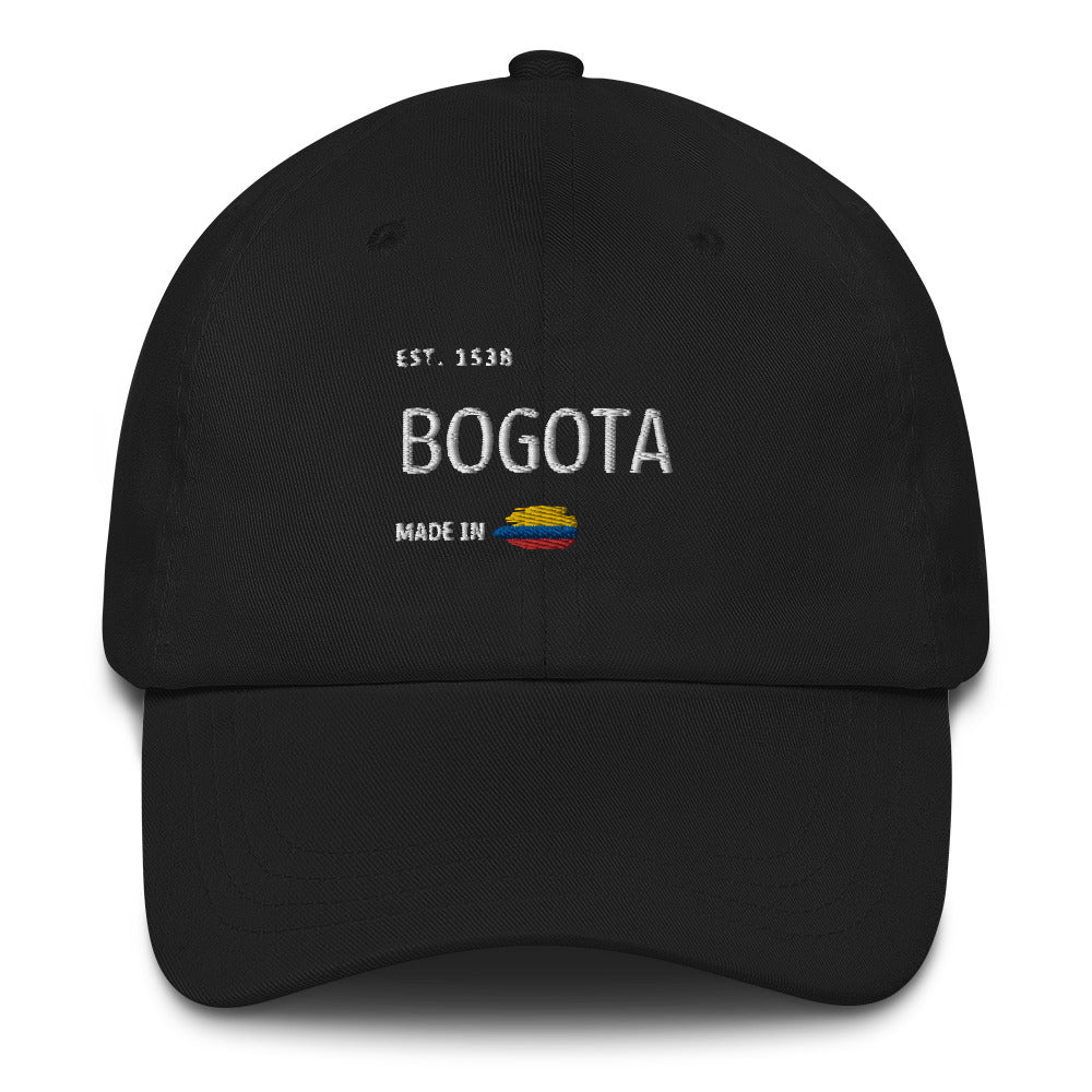 Classic Black-colored dad hat with 'Bogotá' embroidery, featuring 'Made in Colombia' and the Colombian flag detail. A stylish tribute to Colombia’s capital.