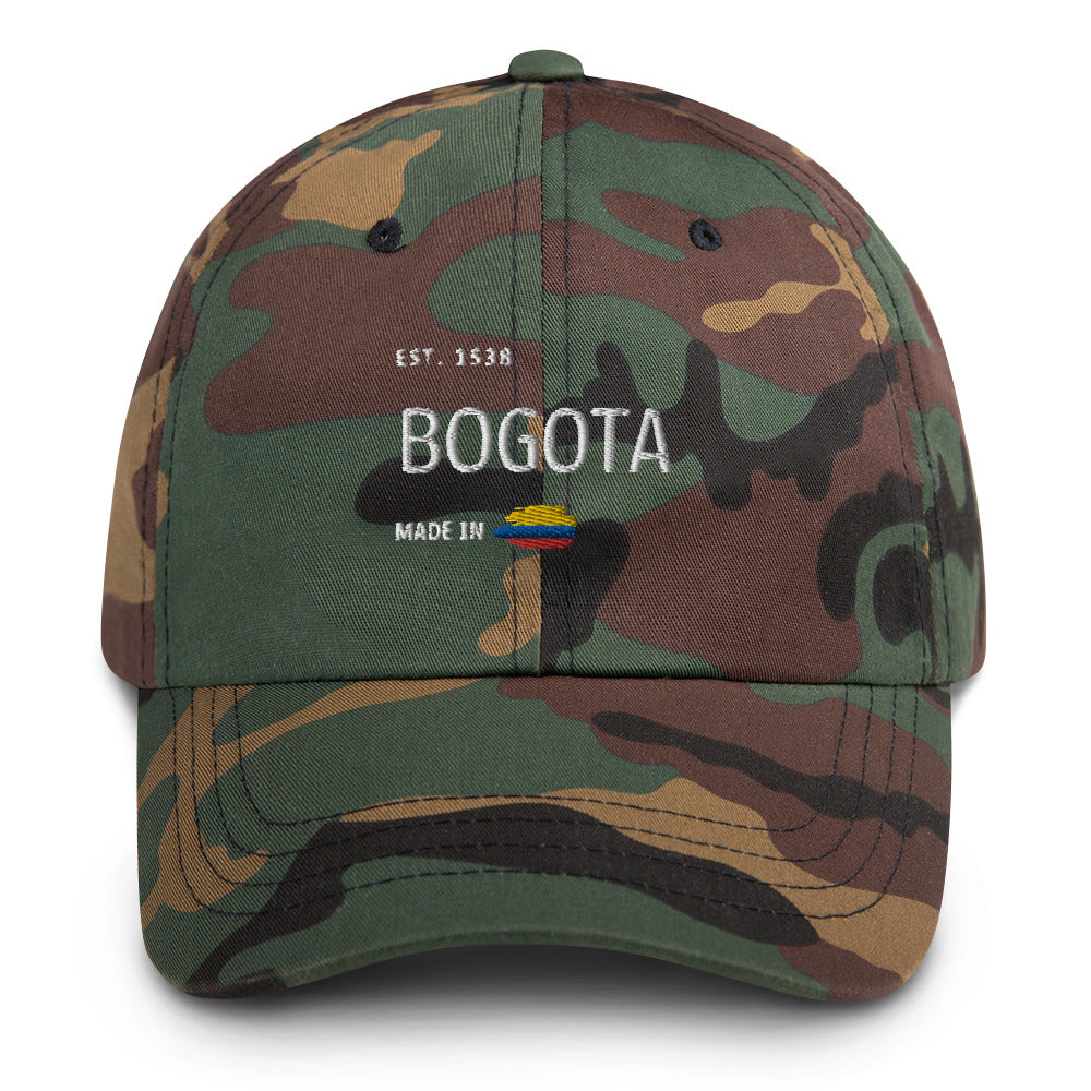 Classic Military Style-colored dad hat with 'Bogotá' embroidery, featuring 'Made in Colombia' and the Colombian flag detail. A stylish tribute to Colombia’s capital.