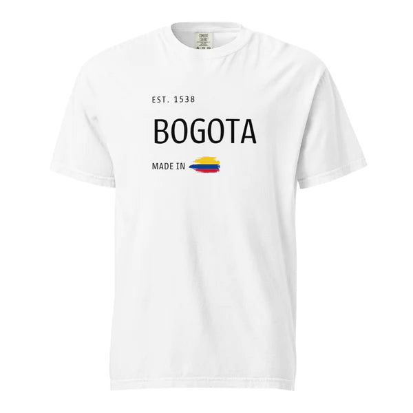 White t-shirt featuring 'Bogotá - Made in Colombia' printed design with a small Colombian flag. A minimalist and stylish way to represent Bogotá’s history and culture.