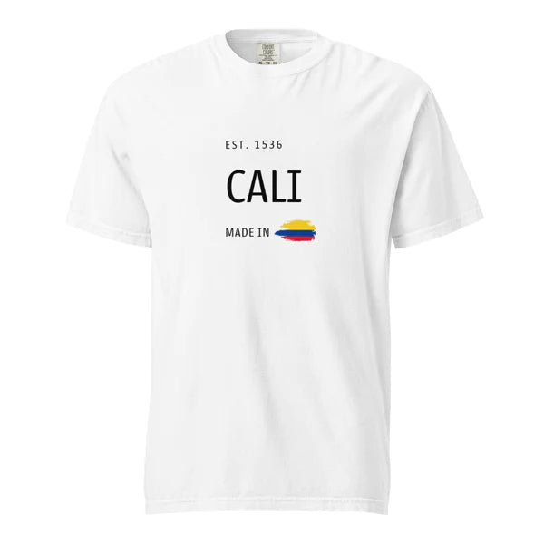 White t-shirt featuring 'Cali- Made in Colombia' printed design with a small Colombian flag. A minimalist and stylish way to represent Cali history and culture.