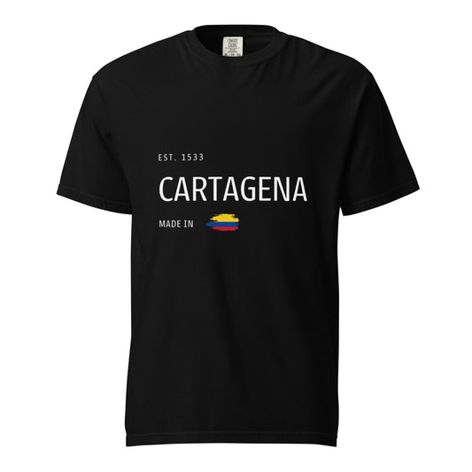 Black heavyweight t-shirt featuring 'Cartagena' with an Est. 1533 design and the Colombian flag. A stylish way to represent Colombian heritage and Cartagena’s rich history.