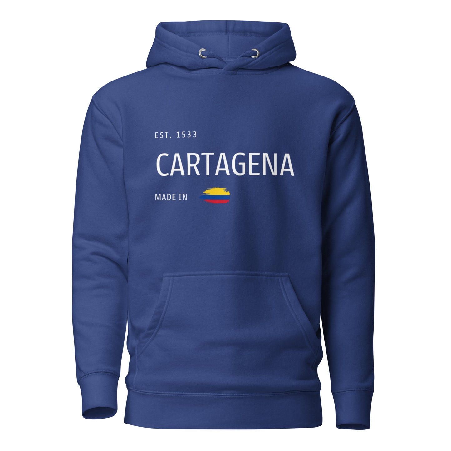 Team Royal premium hoodie featuring 'CARTAGENA' text with an embroidered Colombian flag accent, symbolizing the rich culture and history of Cartagena, Colombia.