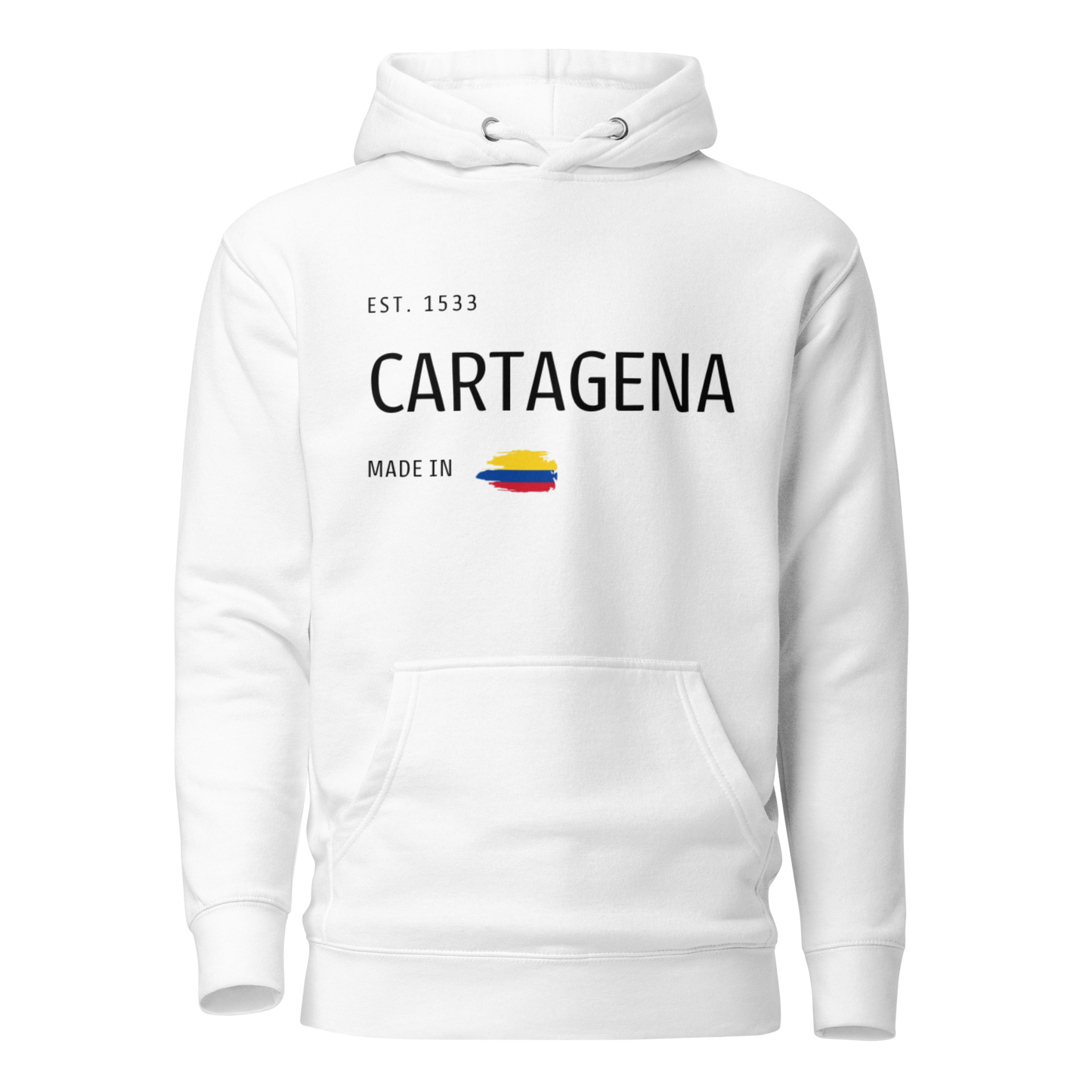 White premium hoodie featuring 'CARTAGENA' text with an embroidered Colombian flag accent, symbolizing the rich culture and history of Cartagena, Colombia.
