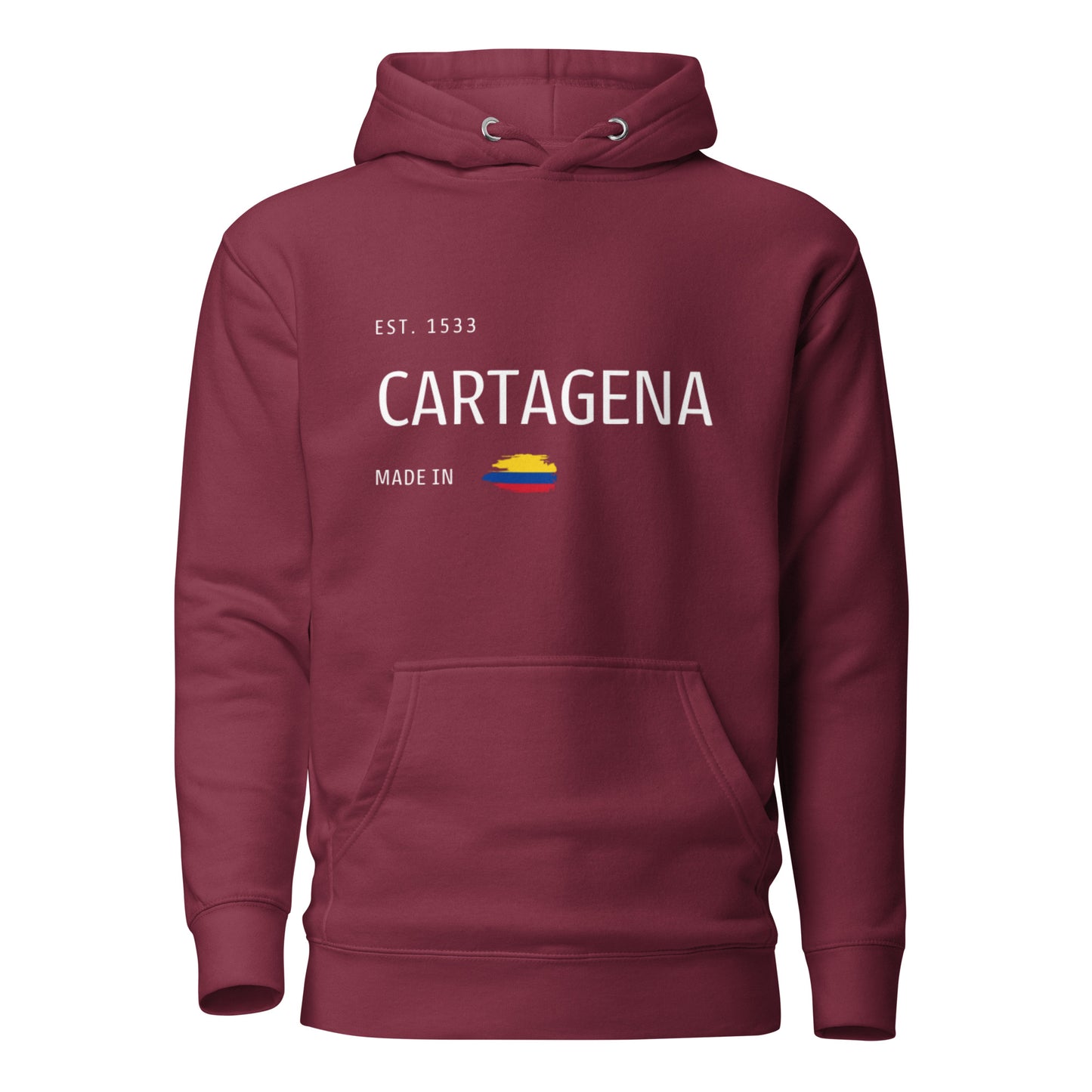 Maroon premium hoodie featuring 'CARTAGENA' text with an embroidered Colombian flag accent, symbolizing the rich culture and history of Cartagena, Colombia.