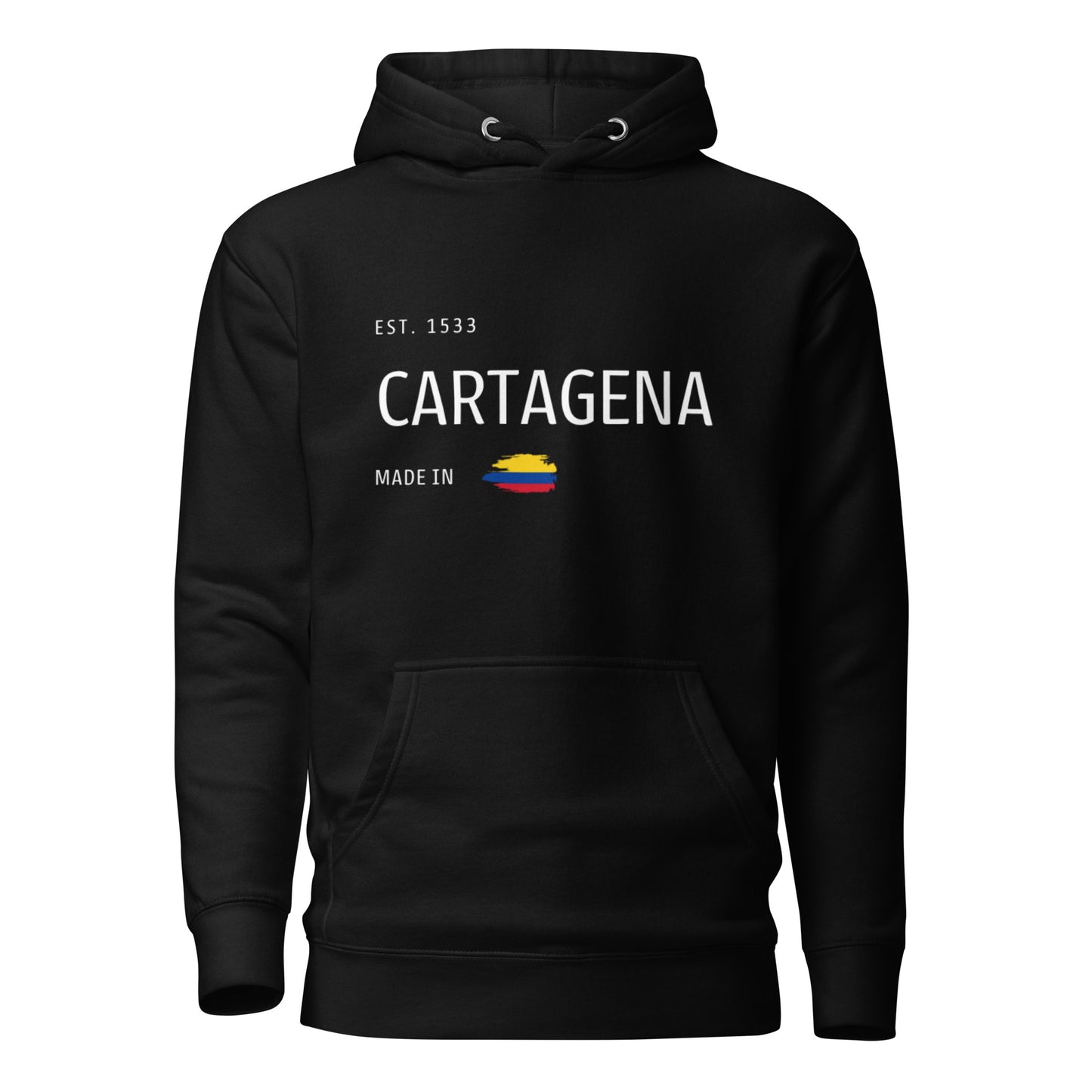 Black premium hoodie featuring 'CARTAGENA' text with an embroidered Colombian flag accent, symbolizing the rich culture and history of Cartagena, Colombia.