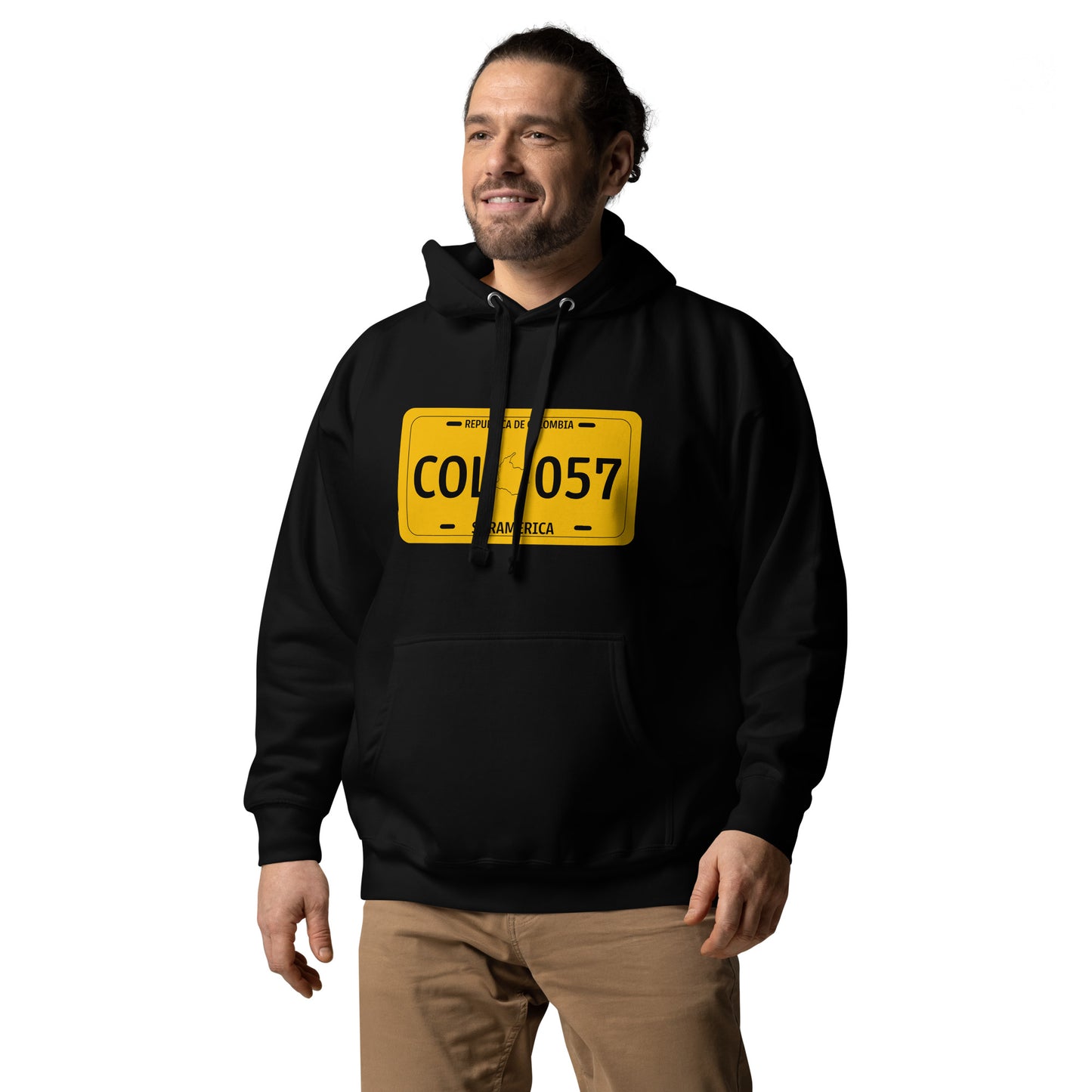 Black hoodie featuring a bold Colombian license plate design with 'COL 057' and a silhouette of Colombia. A unique way to represent Colombian pride and heritage in streetwear fashion."