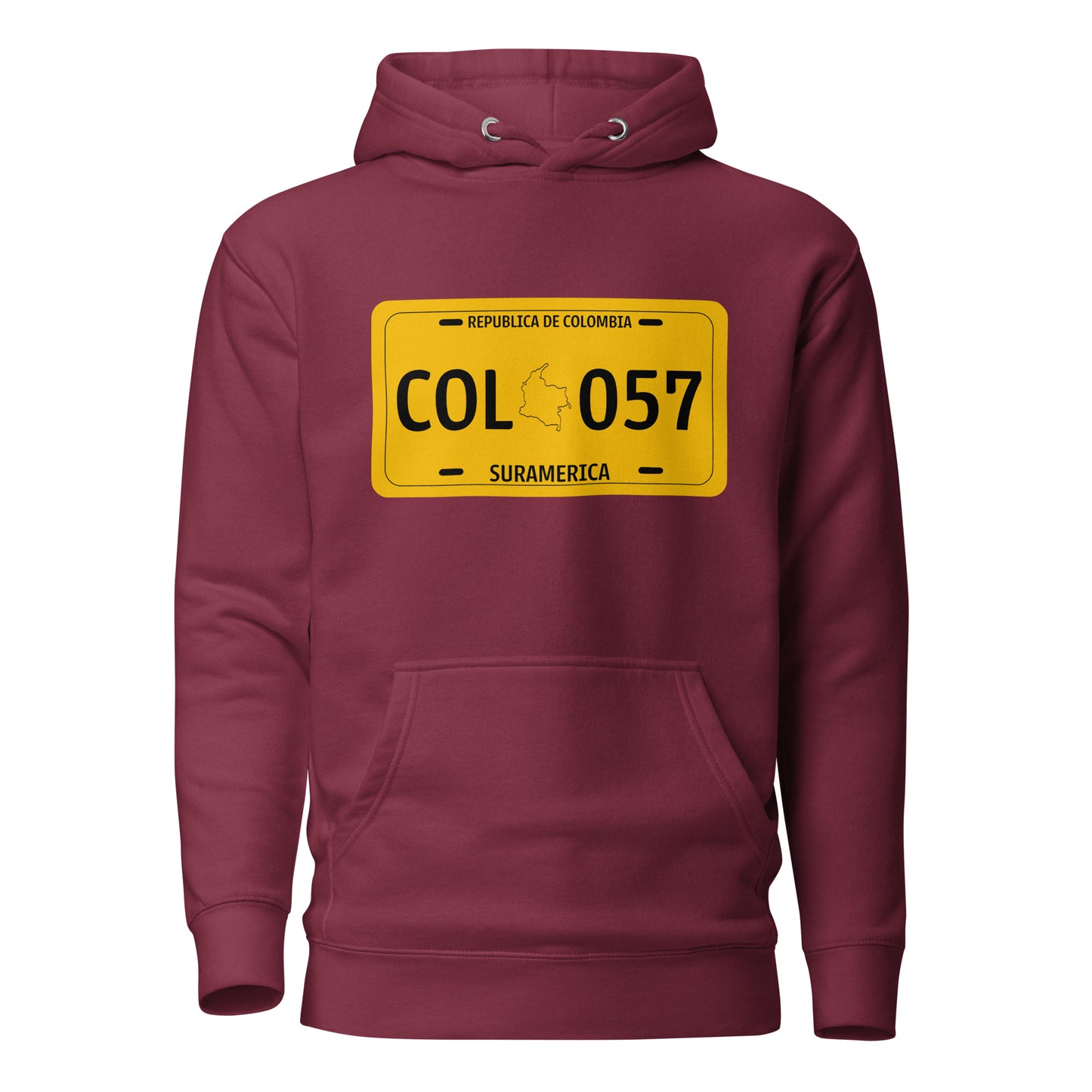 Maroon hoodie featuring a bold Colombian license plate design with 'COL 057' and a silhouette of Colombia. A unique way to represent Colombian pride and heritage in streetwear fashion
