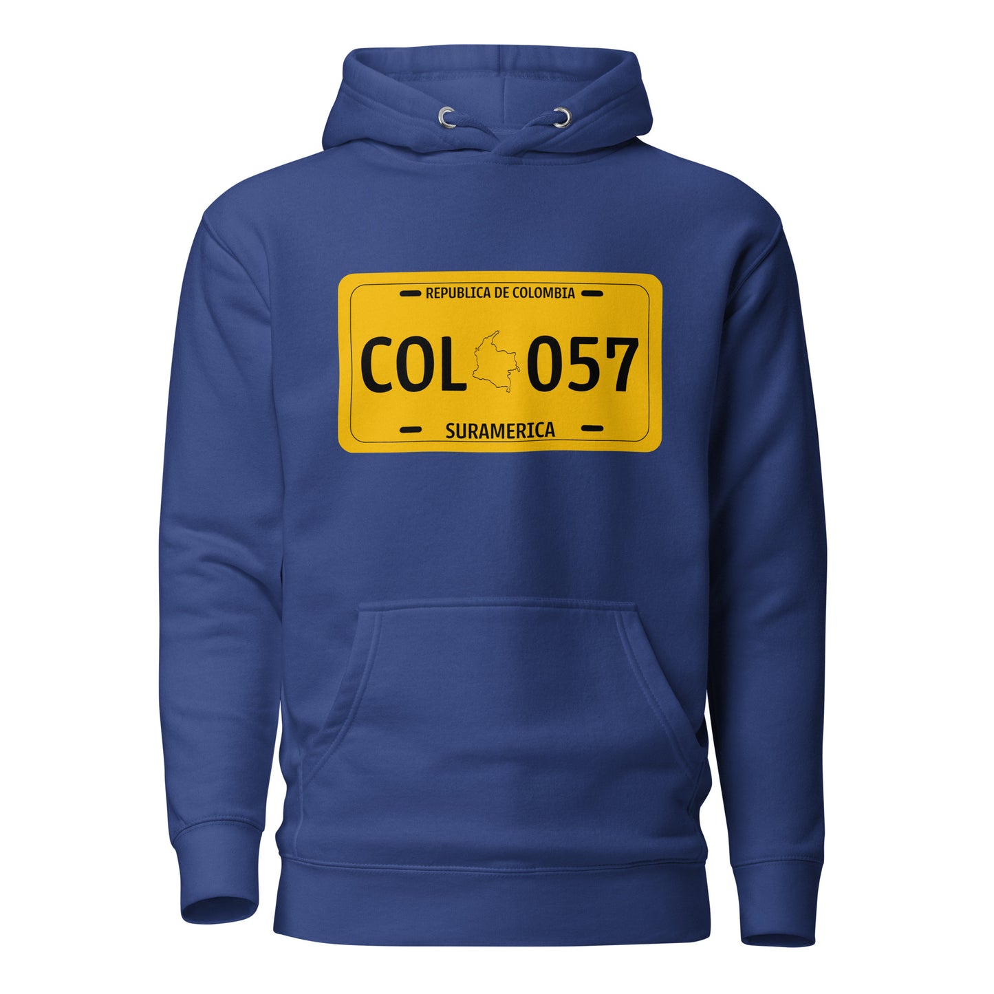 Team Royal hoodie featuring a bold Colombian license plate design with 'COL 057' and a silhouette of Colombia. A unique way to represent Colombian pride and heritage in streetwear fashion