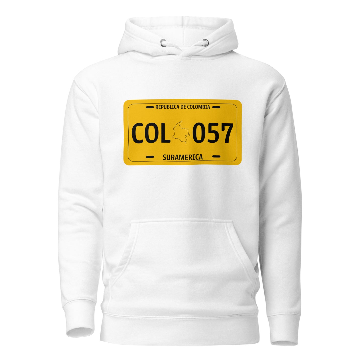 White hoodie featuring a bold Colombian license plate design with 'COL 057' and a silhouette of Colombia. A unique way to represent Colombian pride and heritage in streetwear fashion.