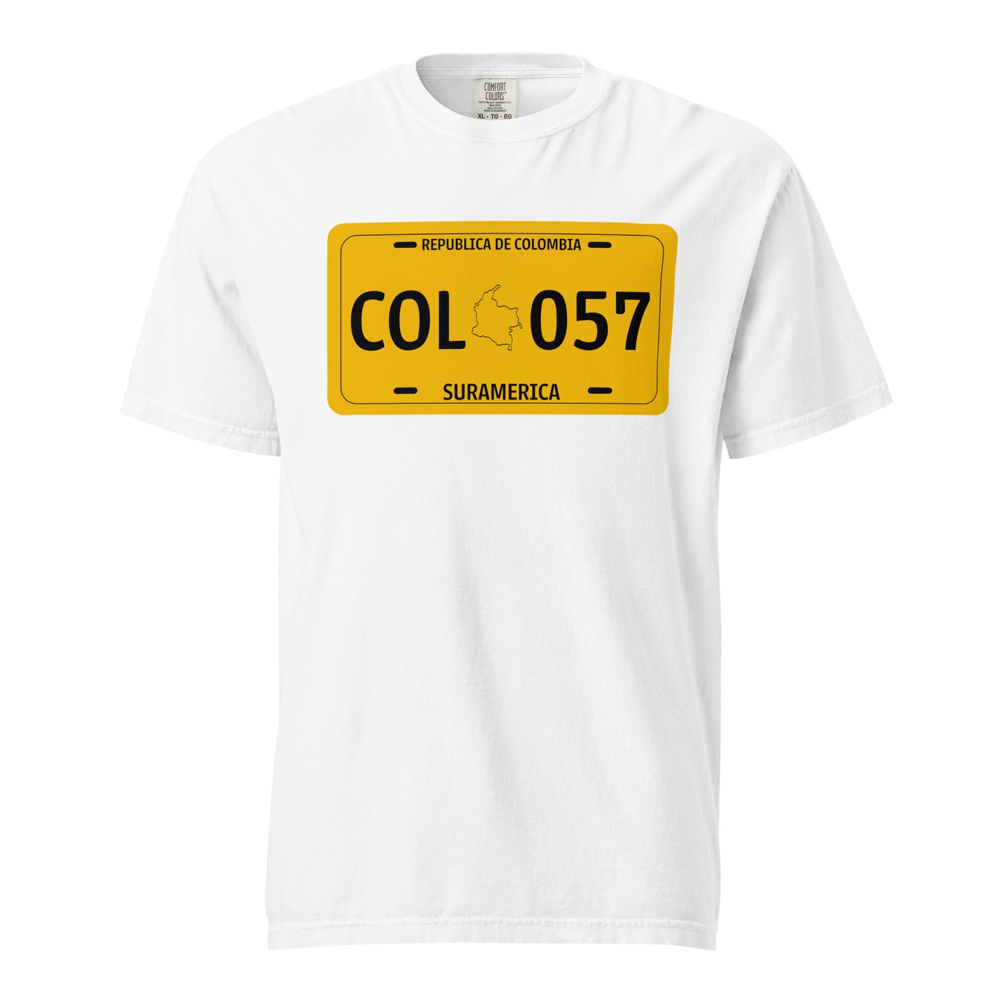 White heavyweight t-shirt featuring a yellow Colombian license plate design with 'COL 057' and a Colombia map outline. A bold and stylish tribute to Colombia.