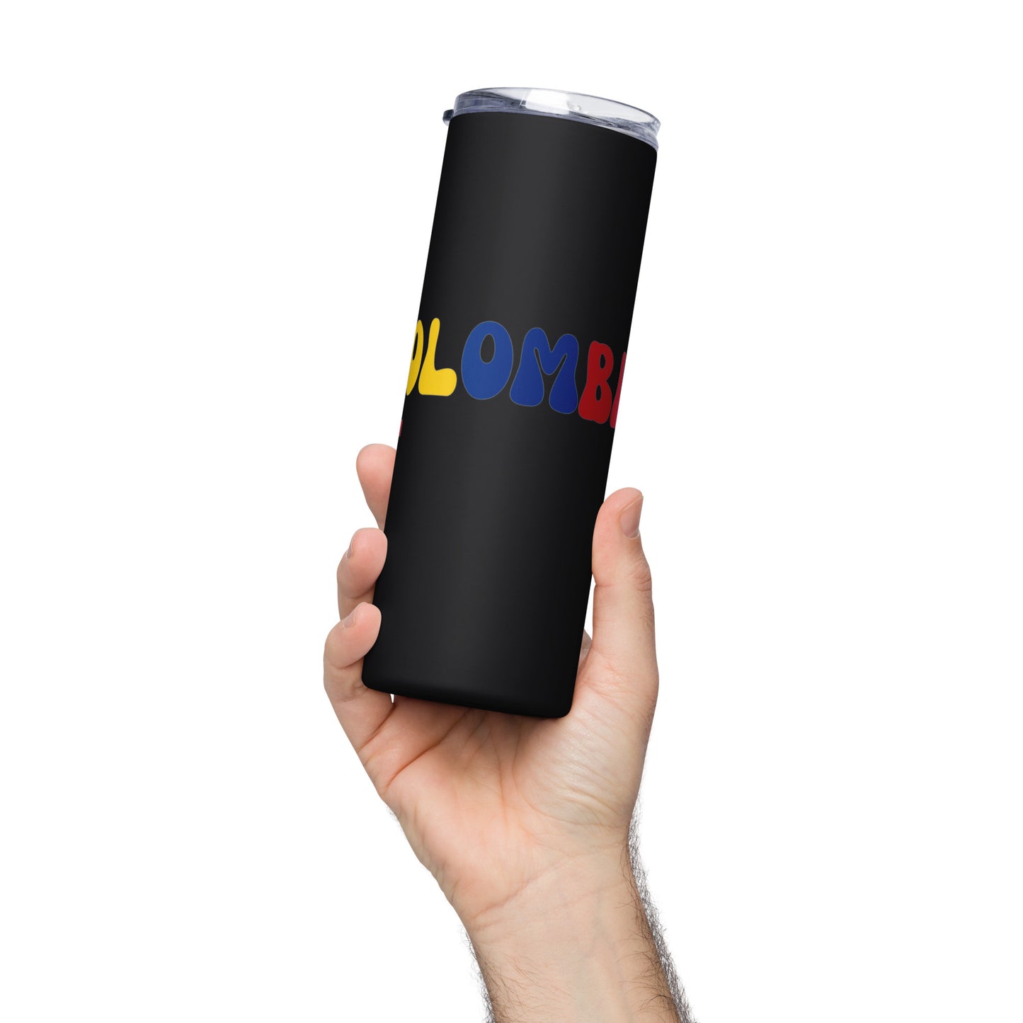 stainless steel tumbler featuring 'Colombia' in bold yellow, blue, and red letters. Includes a clear lid and reusable metal straw, perfect for hot and cold drinks on the go