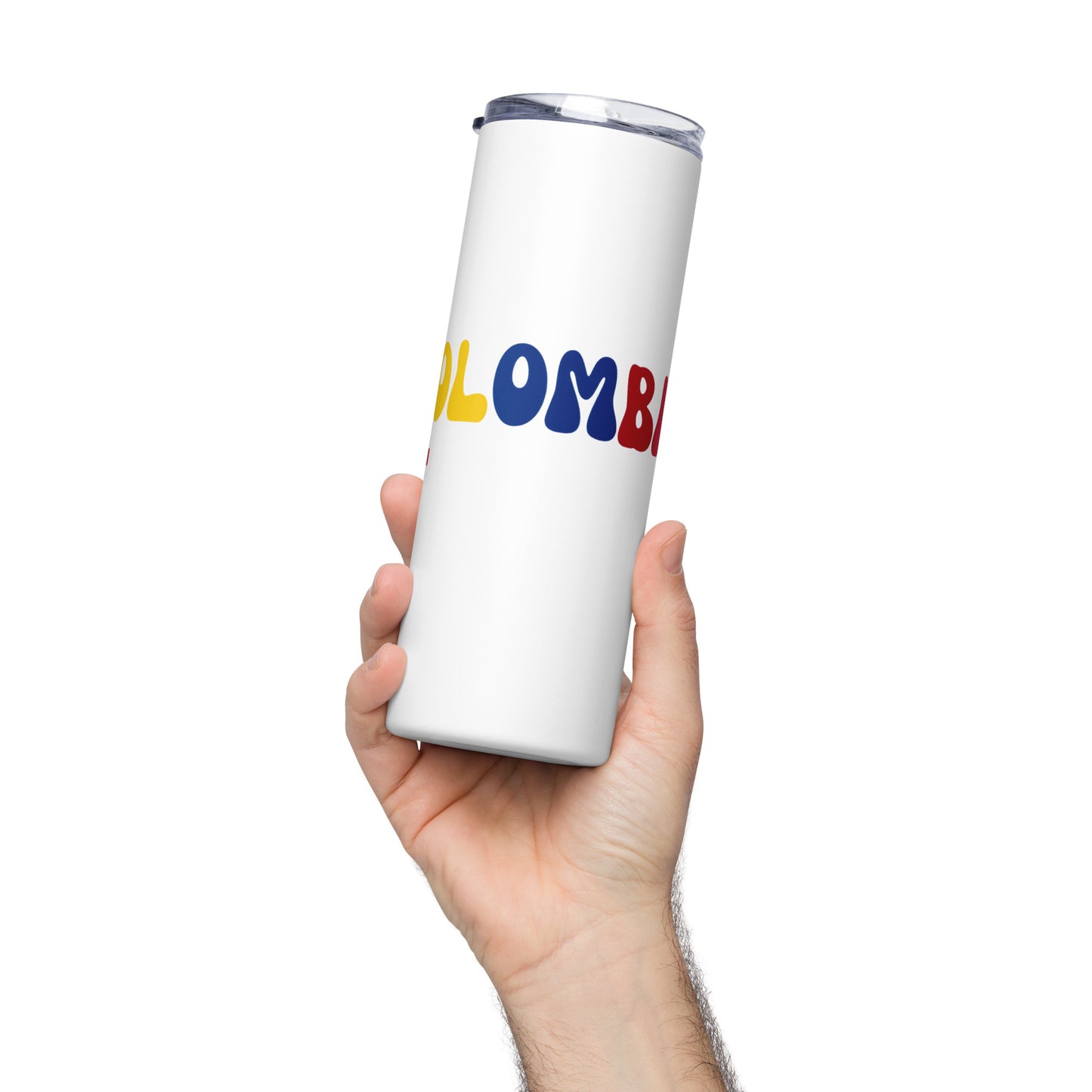 White stainless steel tumbler featuring 'Colombia' in bold yellow, blue, and red letters. Includes a clear lid and reusable metal straw, perfect for hot and cold drinks on the go.