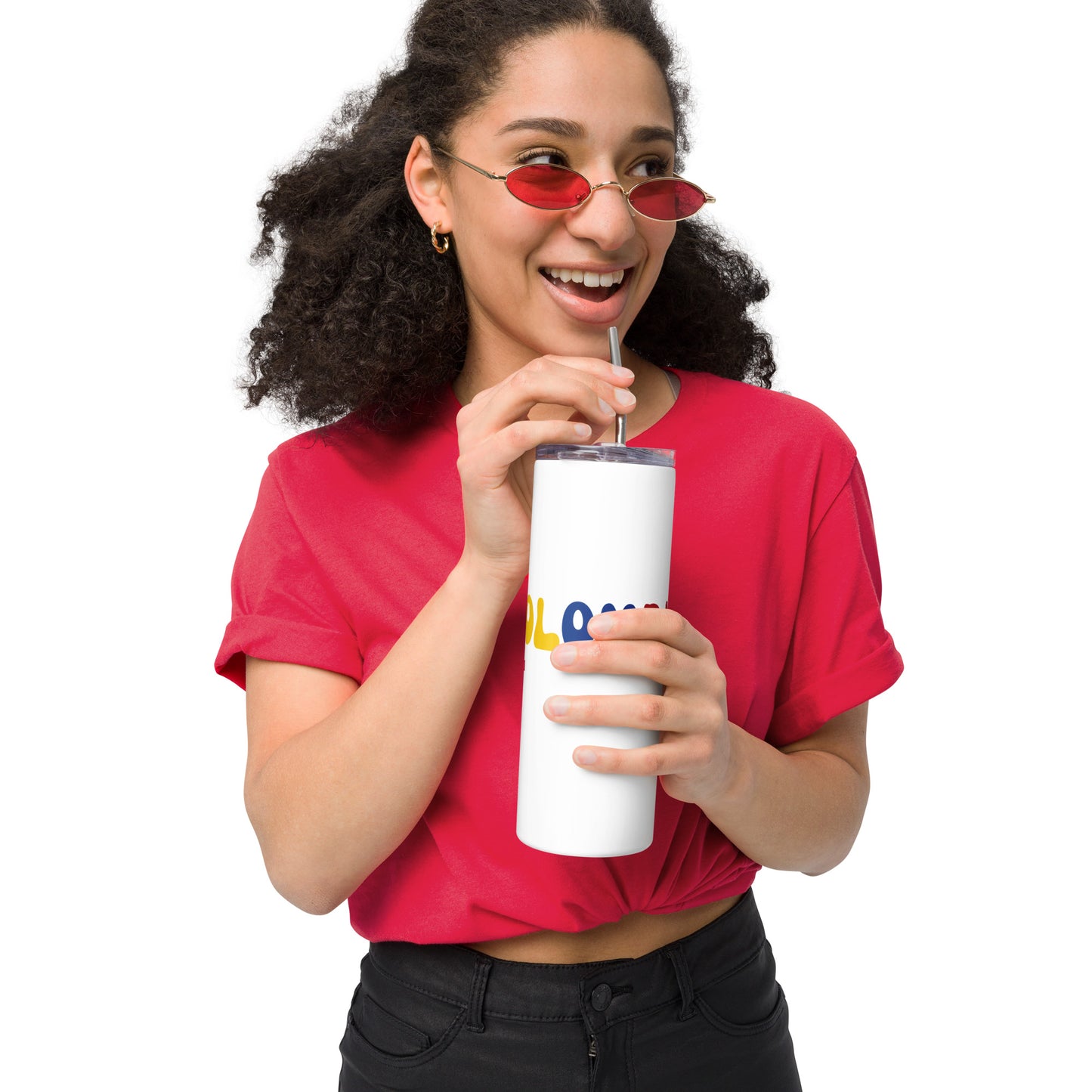 stainless steel tumbler featuring 'Colombia' in bold yellow, blue, and red letters. Includes a clear lid and reusable metal straw, perfect for hot and cold drinks on the go