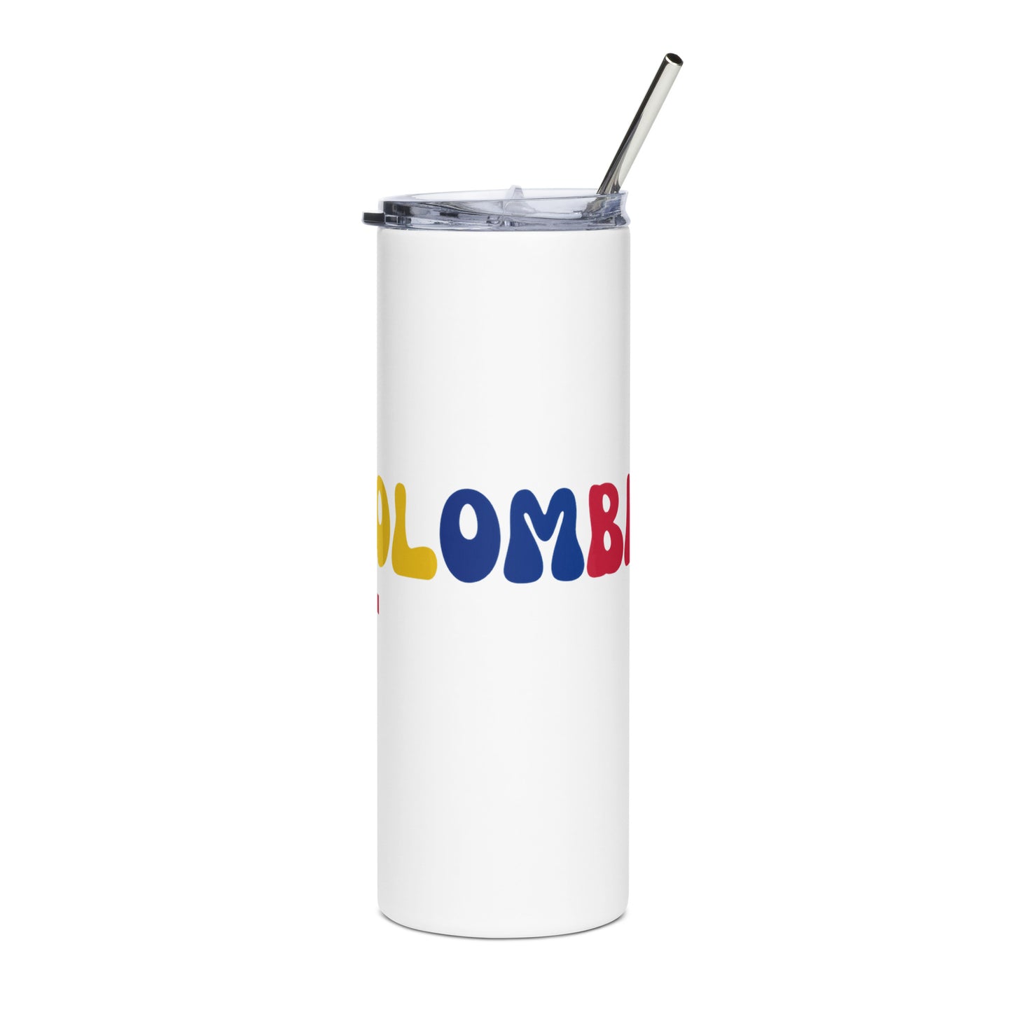 White stainless steel tumbler featuring 'Colombia' in bold yellow, blue, and red letters. Includes a clear lid and reusable metal straw, perfect for hot and cold drinks on the go.