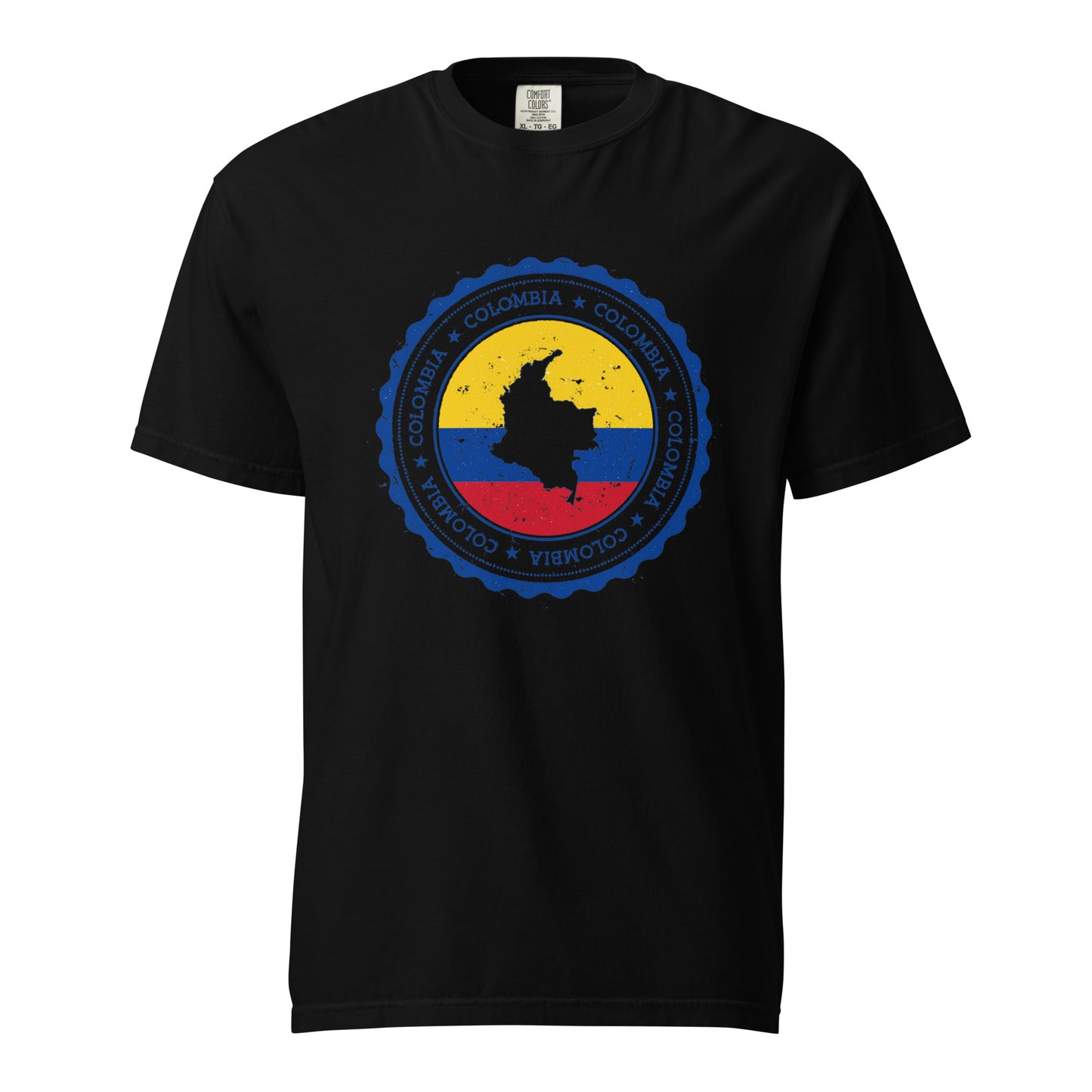 Black-colored unisex heavyweight T-shirt featuring a circular Colombian heritage design with bold yellow, blue, and red accents, showcasing cultural pride and style.