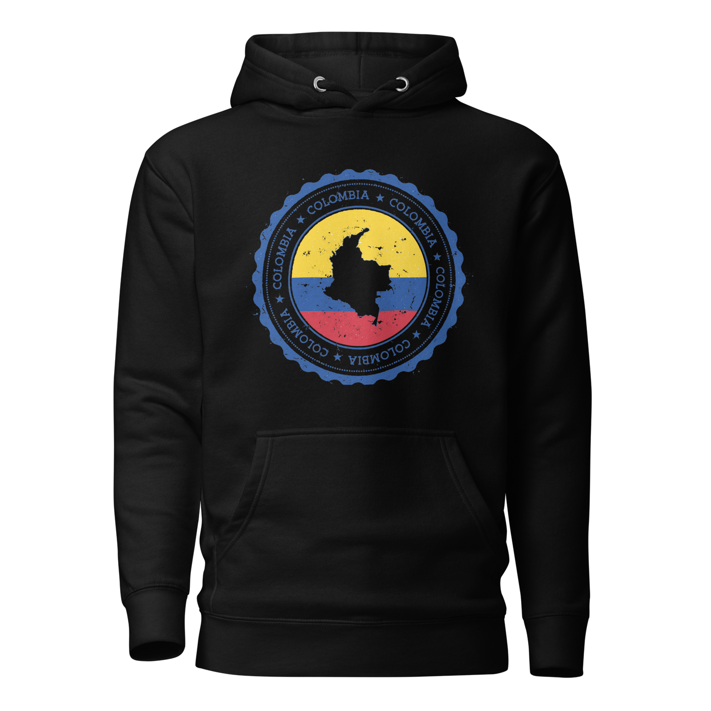 Unisex Black hoodie featuring a circular Colombian heritage design with vibrant yellow, blue, and red accents, perfect for showcasing cultural pride and style.