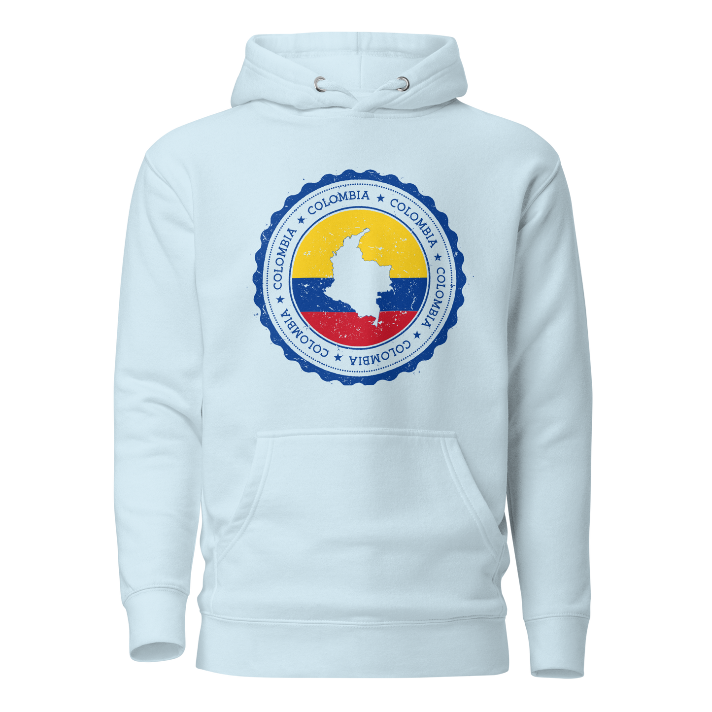 Unisex Sky Blue hoodie featuring a circular Colombian heritage design with vibrant yellow, blue, and red accents, perfect for showcasing cultural pride and style
