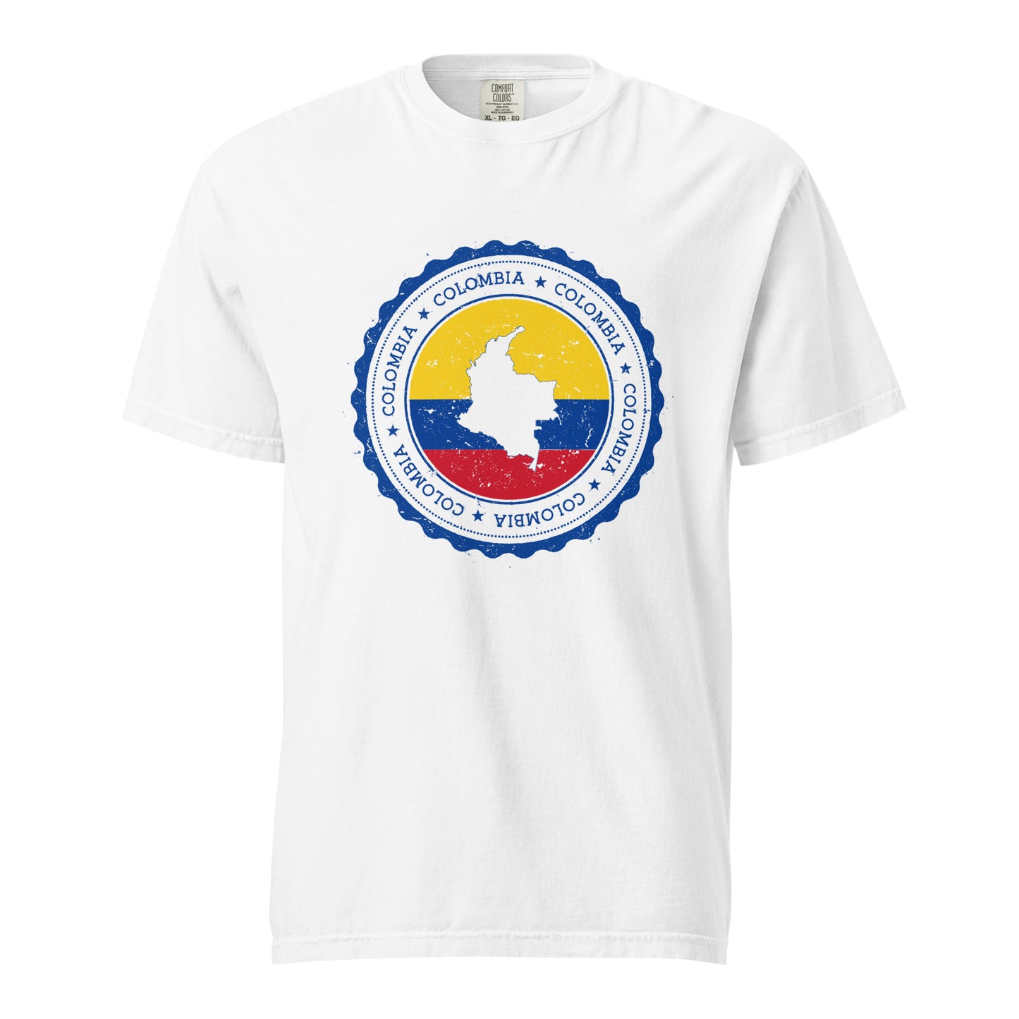 White-colored unisex heavyweight T-shirt featuring a circular Colombian heritage design with bold yellow, blue, and red accents, showcasing cultural pride and style.
