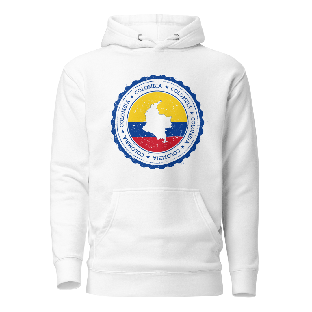 Unisex white hoodie featuring a circular Colombian heritage design with vibrant yellow, blue, and red accents, perfect for showcasing cultural pride and style.