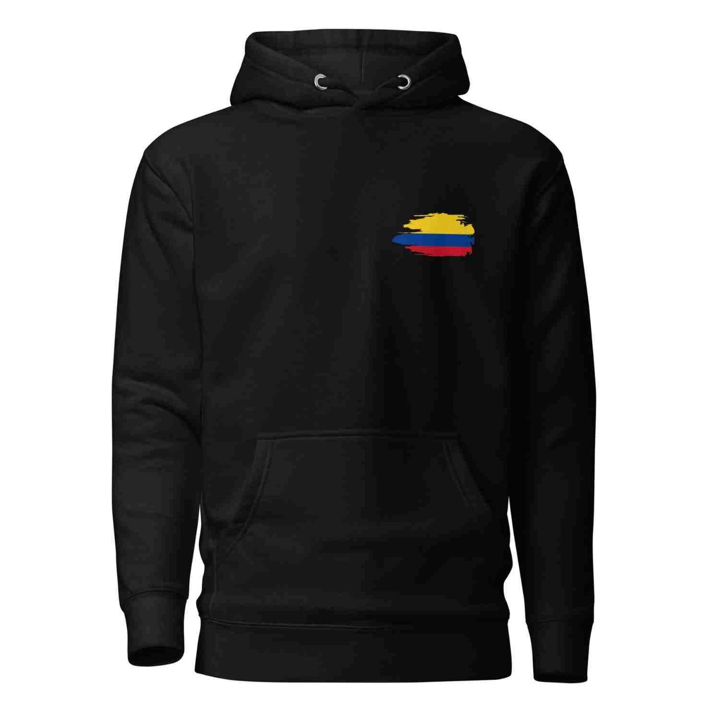 Black hoodie featuring a playful 'Colombian Nutrition Facts' design with colorful text highlighting creativity, authenticity, passion, and pride, along with a heart-shaped Colombian flag graphic.