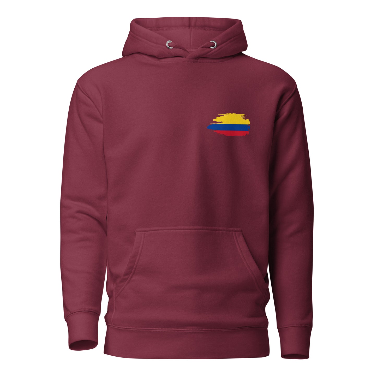 Maroon premium hoodie featuring 'Colombian Nutrition Facts' design, highlighting Colombian creativity, authenticity, and passion. Perfect for those proud of their Colombian heritage.