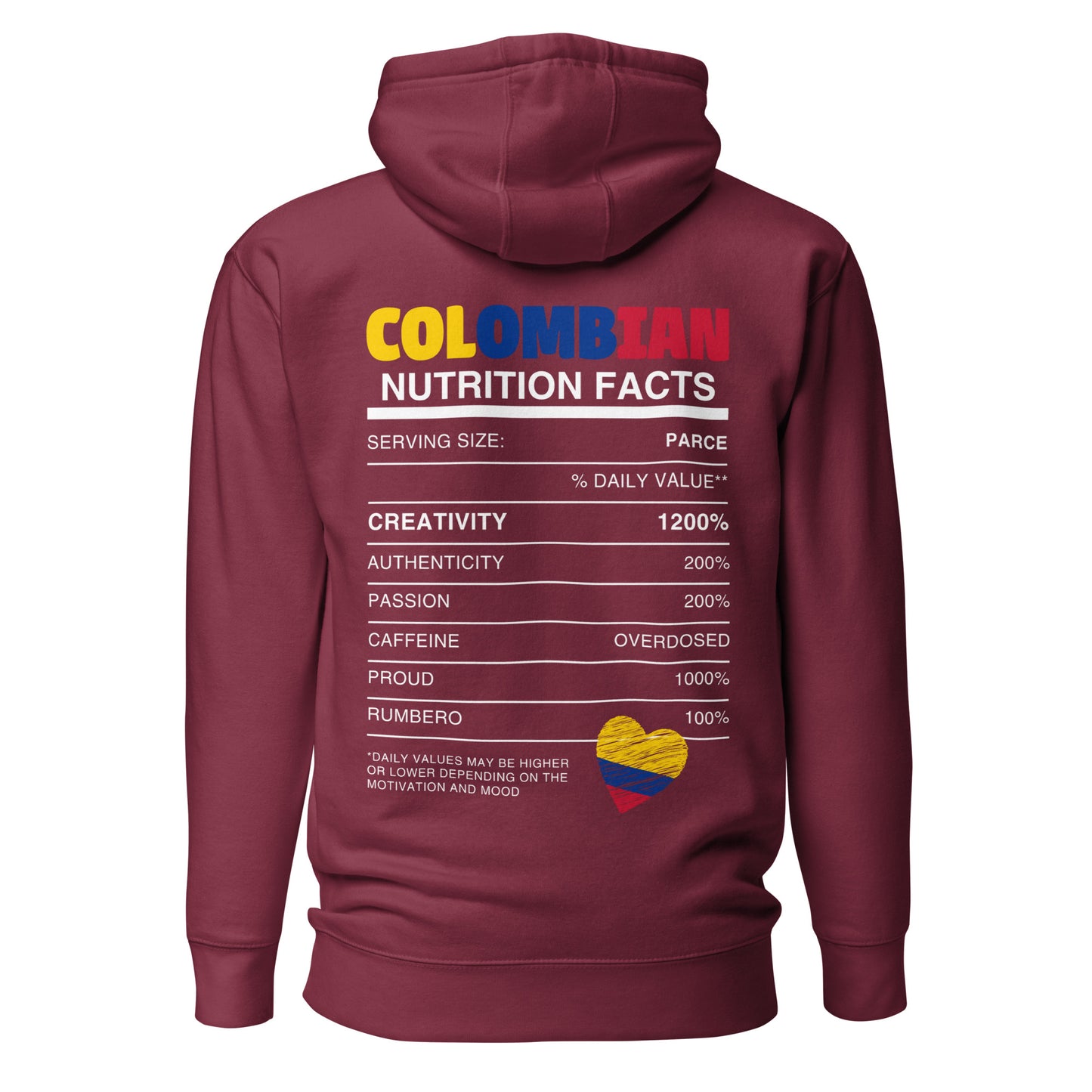 Maroon premium hoodie featuring 'Colombian Nutrition Facts' design, highlighting Colombian creativity, authenticity, and passion. Perfect for those proud of their Colombian heritage.