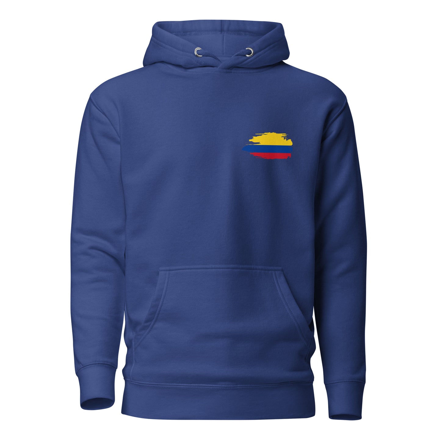 Royal blue premium hoodie featuring 'Colombian Nutrition Facts' design, highlighting Colombian creativity, authenticity, and passion. Perfect for those proud of their Colombian heritage.