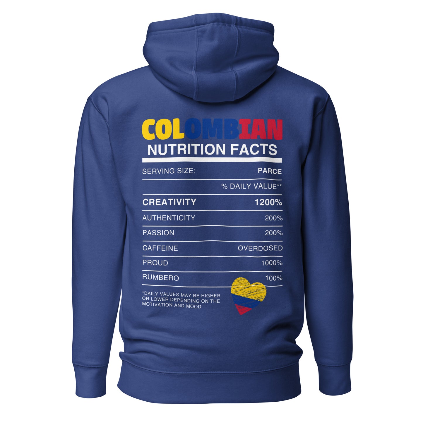 Royal blue premium hoodie featuring 'Colombian Nutrition Facts' design, highlighting Colombian creativity, authenticity, and passion. Perfect for those proud of their Colombian heritage.