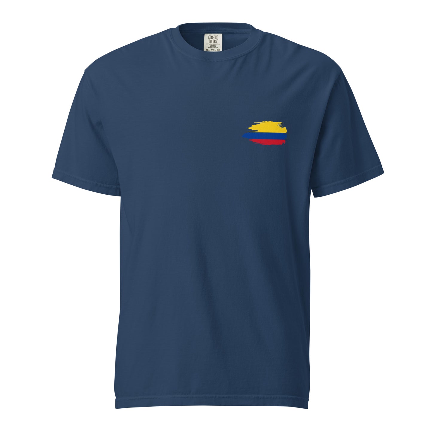 Navy heavyweight t-shirt featuring a fun 'Colombian Nutrition Facts' design on the back. Lists attributes like creativity, passion, and pride with humorous daily values. Perfect for proud Colombians and culture lovers.