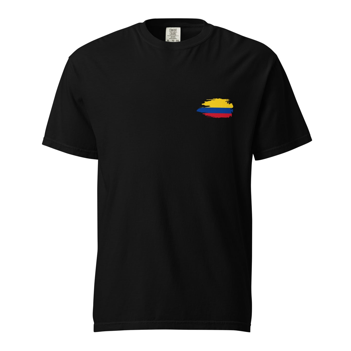 Black heavyweight t-shirt featuring a fun 'Colombian Nutrition Facts' design on the back. Lists attributes like creativity, passion, and pride with humorous daily values. Perfect for proud Colombians and culture lovers.