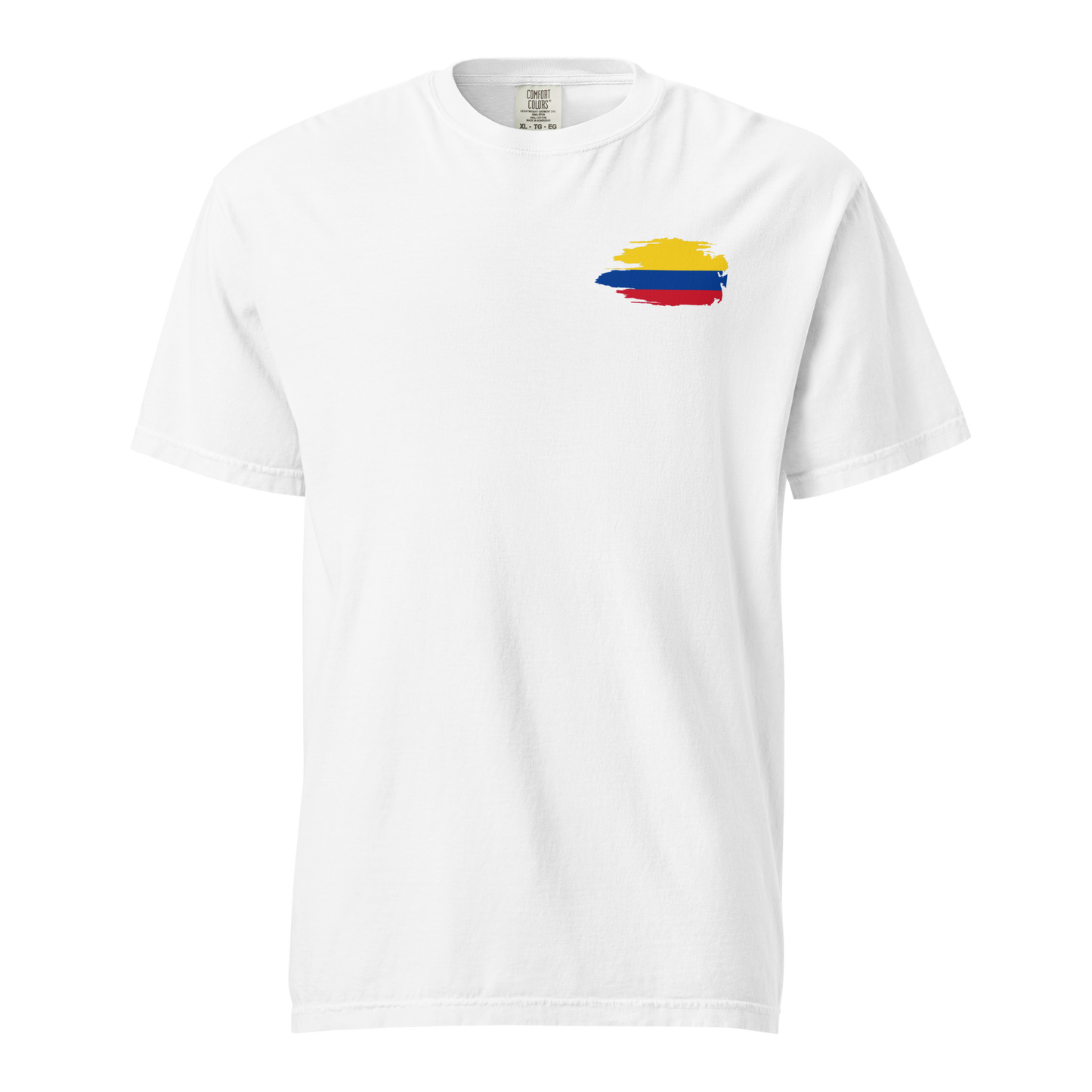 White unisex heavyweight t-shirt featuring 'Colombian Nutrition Facts' design on the back. A fun and bold representation of Colombian culture, highlighting creativity, passion, and pride.