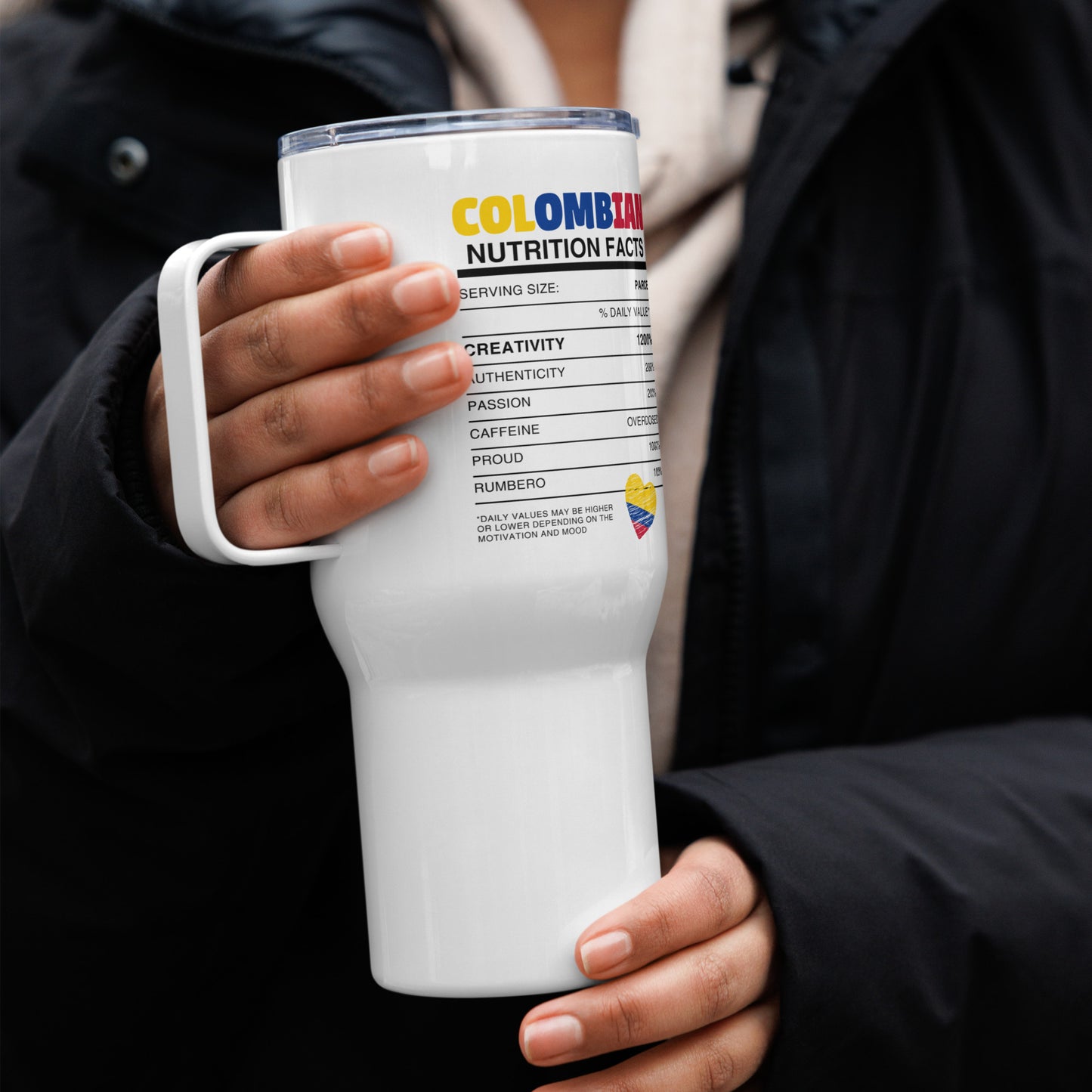 White insulated travel mug featuring a Colombian Nutrition Facts design and 'COLOMBIA' text in vibrant yellow, blue, and red. A stylish and functional tribute to Colombia