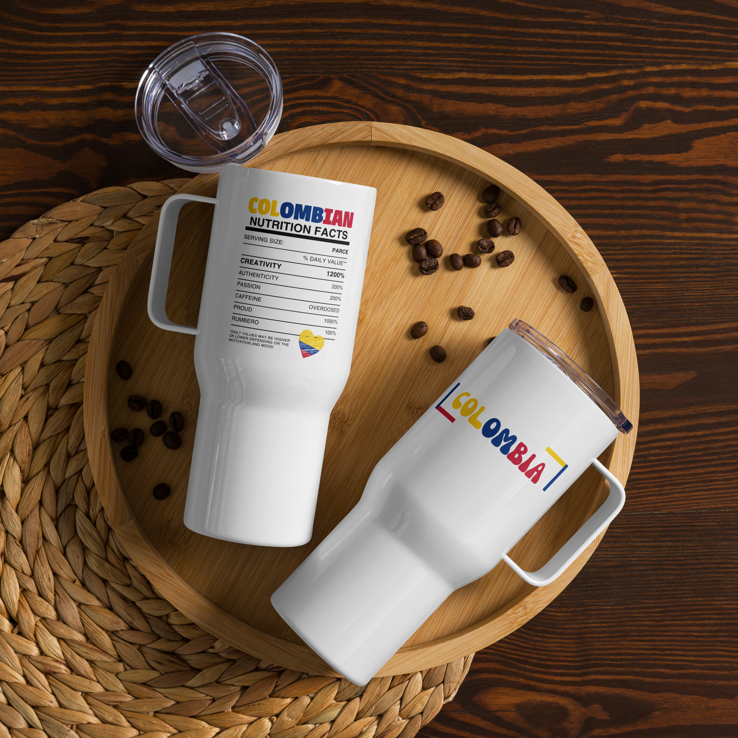 White insulated travel mug featuring a Colombian Nutrition Facts design and 'COLOMBIA' text in vibrant yellow, blue, and red. A stylish and functional tribute to Colombia