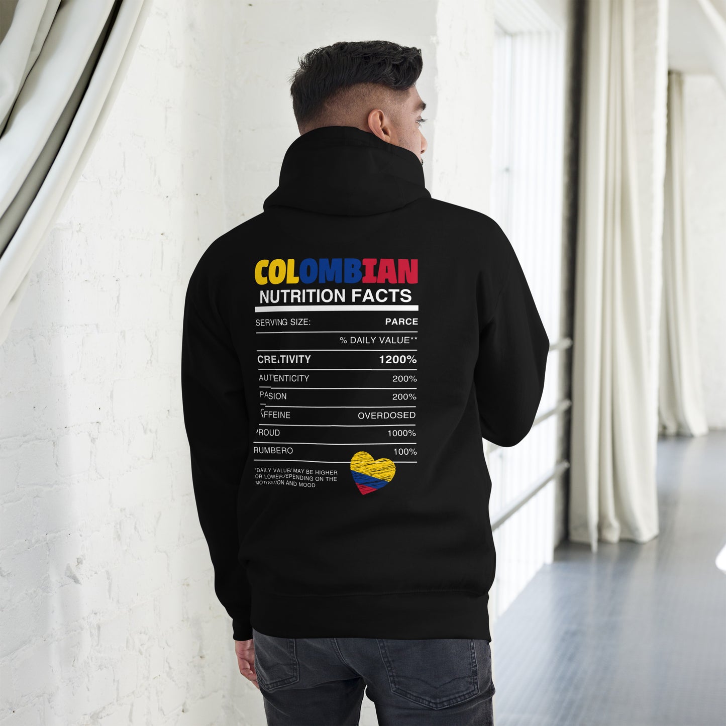 Black premium hoodie featuring 'Colombian Nutrition Facts' design, highlighting Colombian creativity, authenticity, and passion. Perfect for those proud of their Colombian heritage.
