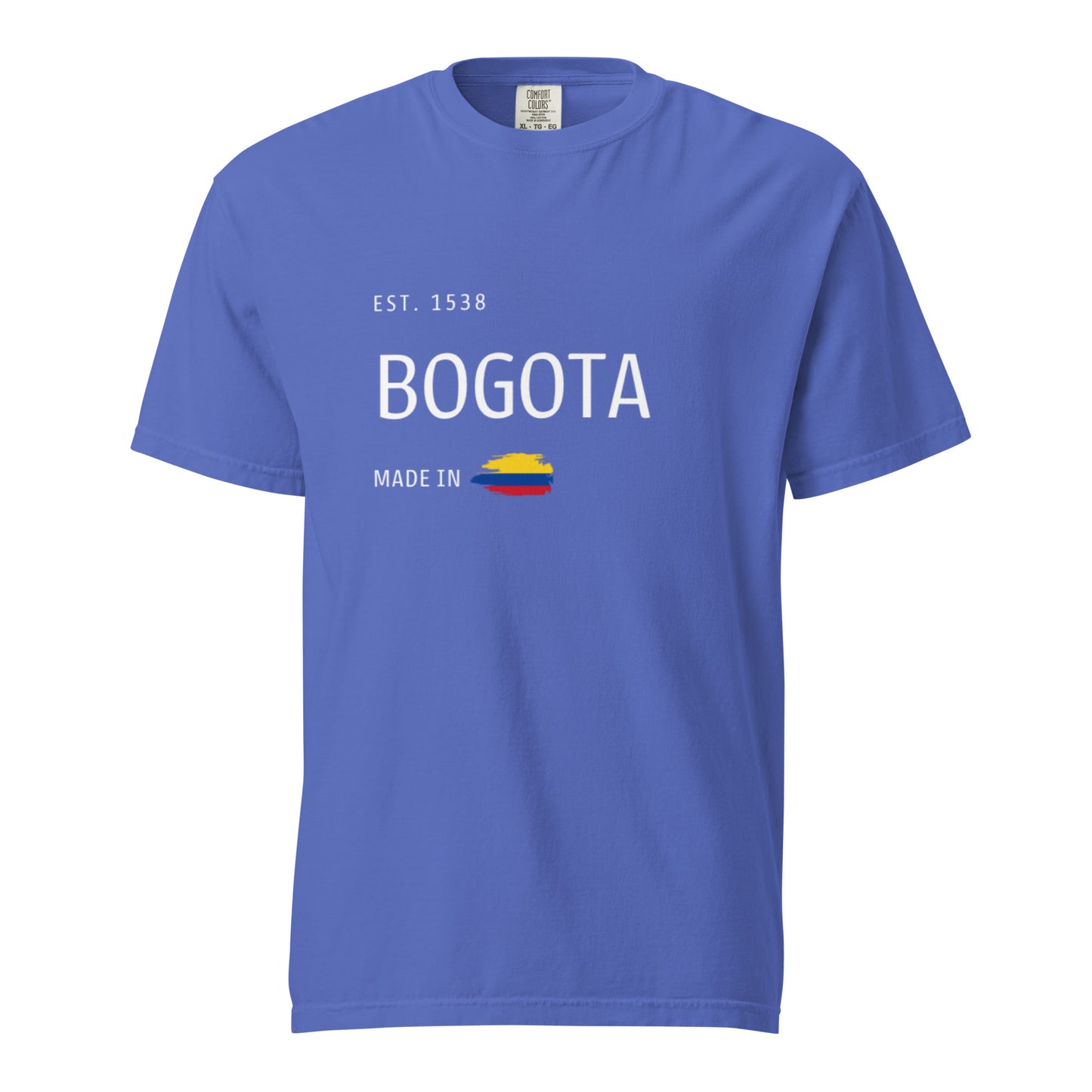 Blue heavyweight t-shirt featuring 'Bogotá' with an Est. 1538 design and the Colombian flag. A stylish tribute to the capital city of Colombia, Bogotá