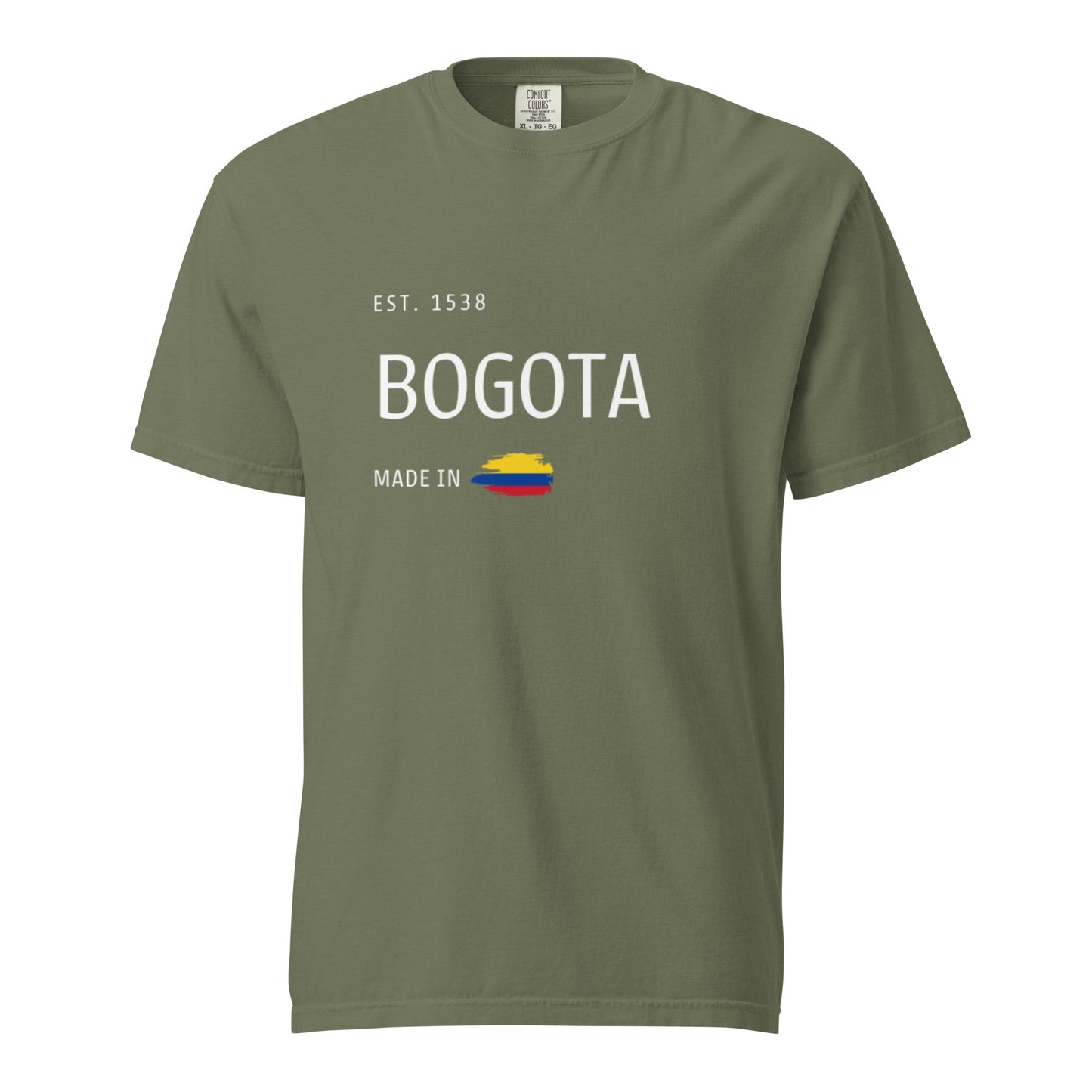 Moss Green heavyweight t-shirt featuring 'Bogotá' with an Est. 1538 design and the Colombian flag. A stylish tribute to the capital city of Colombia, Bogotá