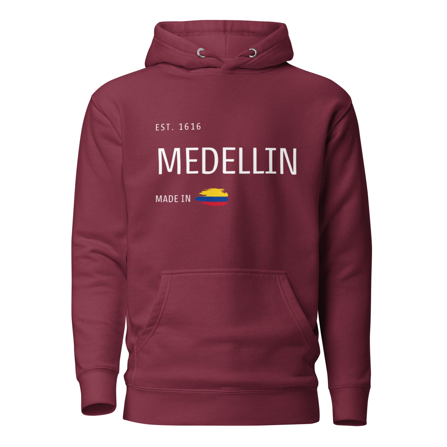 Maroon premium hoodie featuring 'Medellín' text, 'EST. 1616,' and a small Colombian flag design. A cozy and stylish tribute to Medellín, Colombia