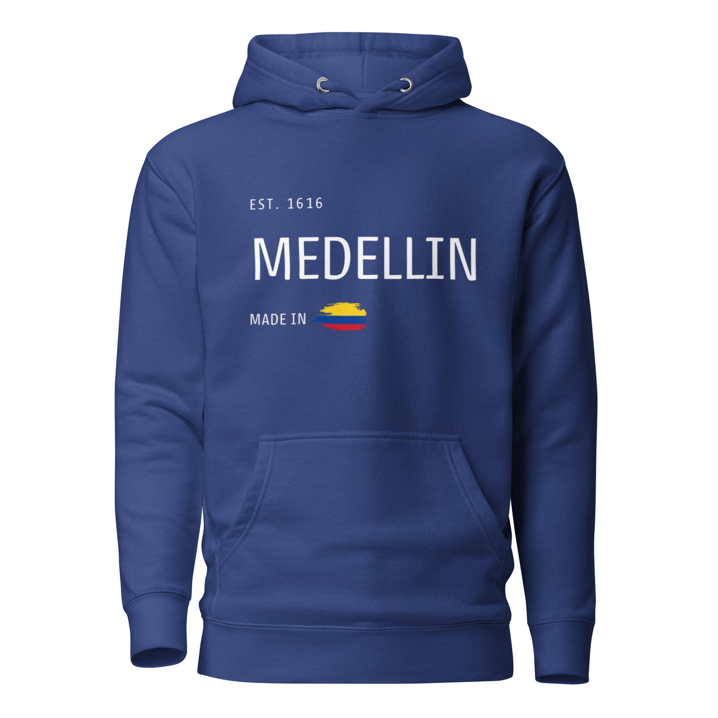 Team Royal premium hoodie featuring 'Medellín' text, 'EST. 1616,' and a small Colombian flag design. A cozy and stylish tribute to Medellín, Colombia.