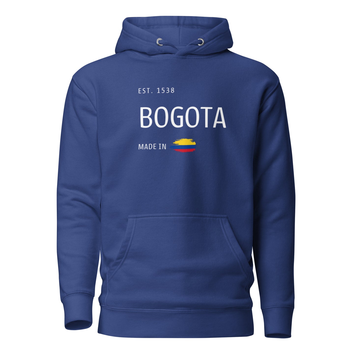 Unisex Team Royale premium hoodie featuring 'EST. 1538 BOGOTÁ' with a Colombian flag, symbolizing the rich culture and history of Bogotá, Colombia.