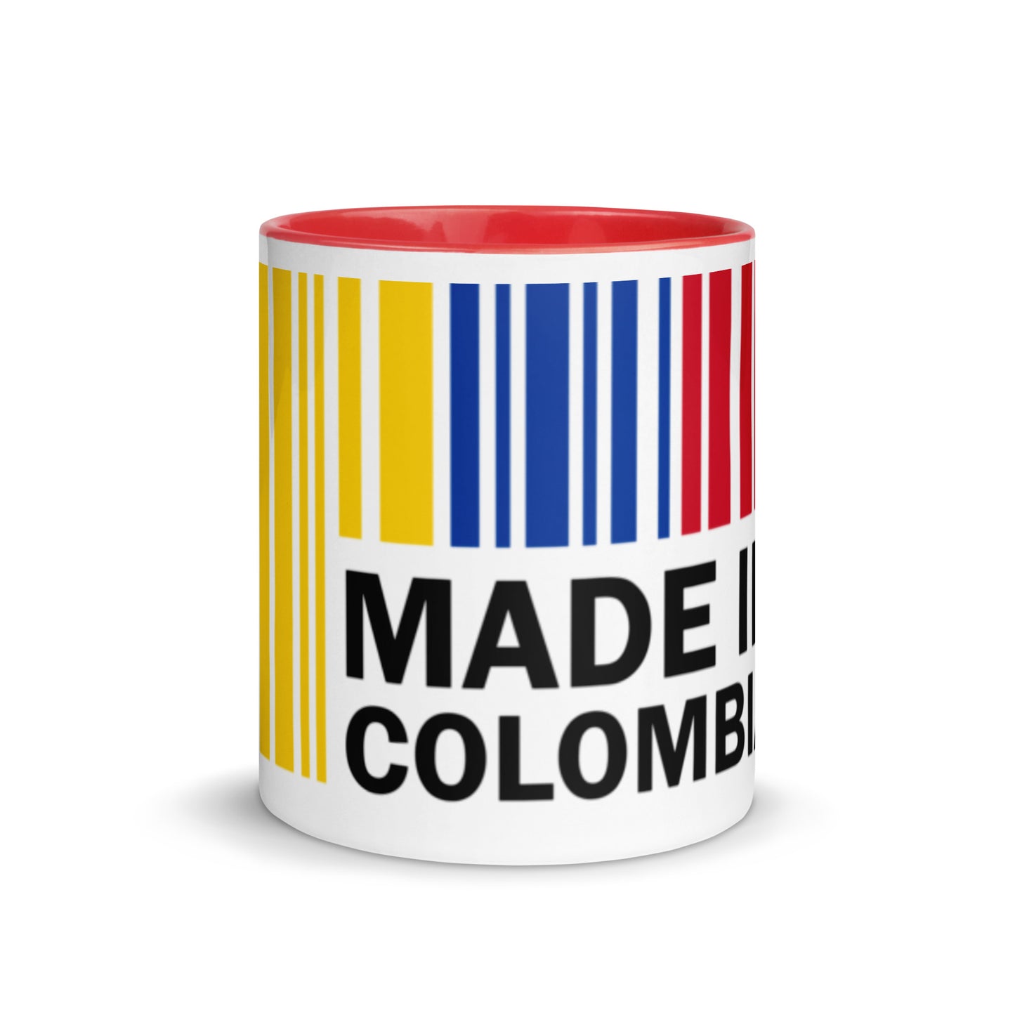 White ceramic mug with a vibrant barcode design in yellow, blue, and red, featuring the words 'Made in Colombia.' The inside is red for a bold contrast, perfect for coffee lovers and proud Colombians.