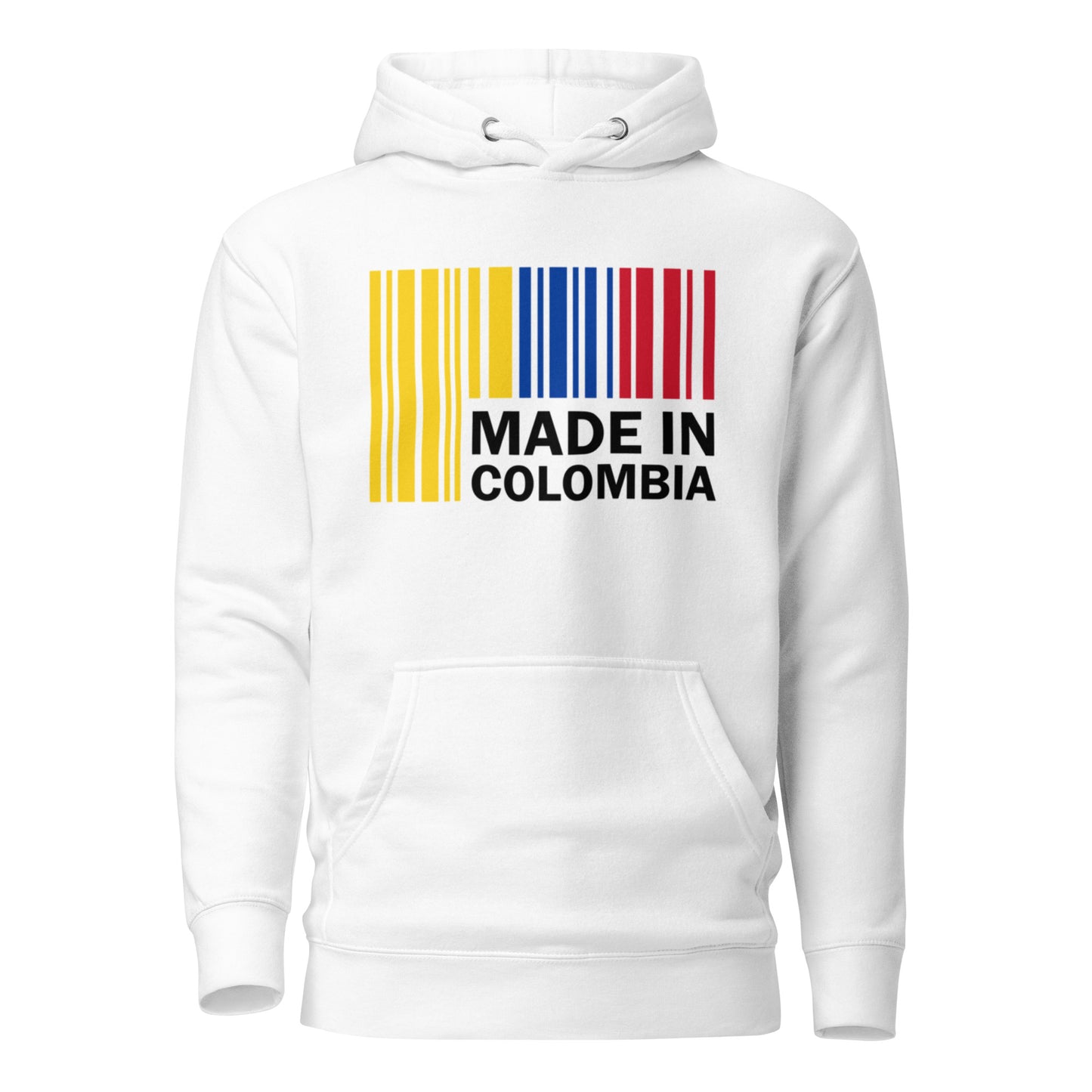 White hoodie featuring a bold 'Made in Colombia' barcode design in yellow, blue, and red, representing the Colombian flag. A stylish way to showcase Colombian pride and heritage.