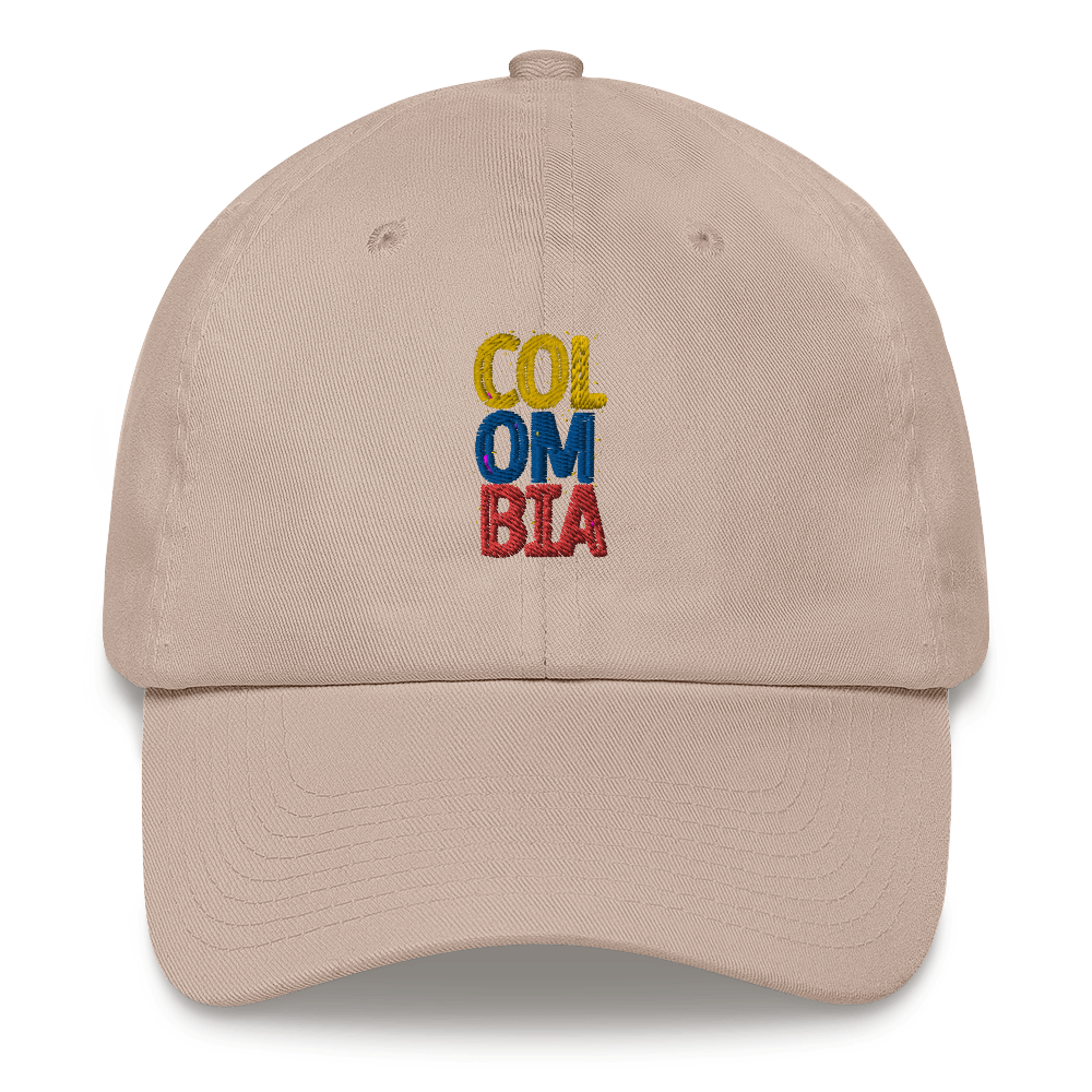 Unisex Stone dad hat featuring a bold 'COLOMBIA' text design in yellow, blue, and red, inspired by the Colombian flag.